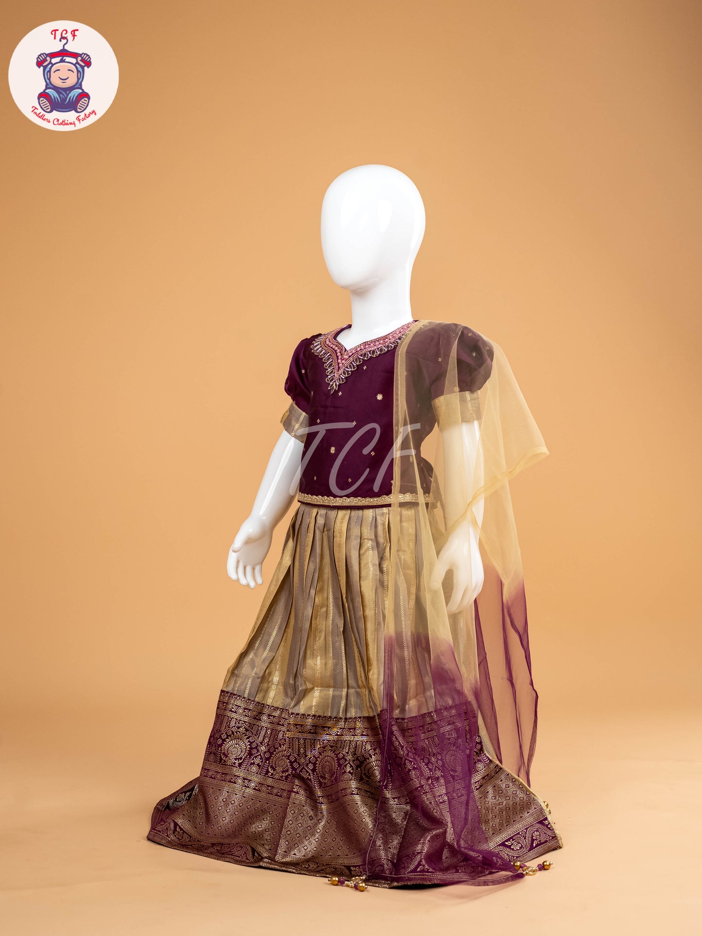Purple & Sandal Floral Print - Semi Leghanga Choli