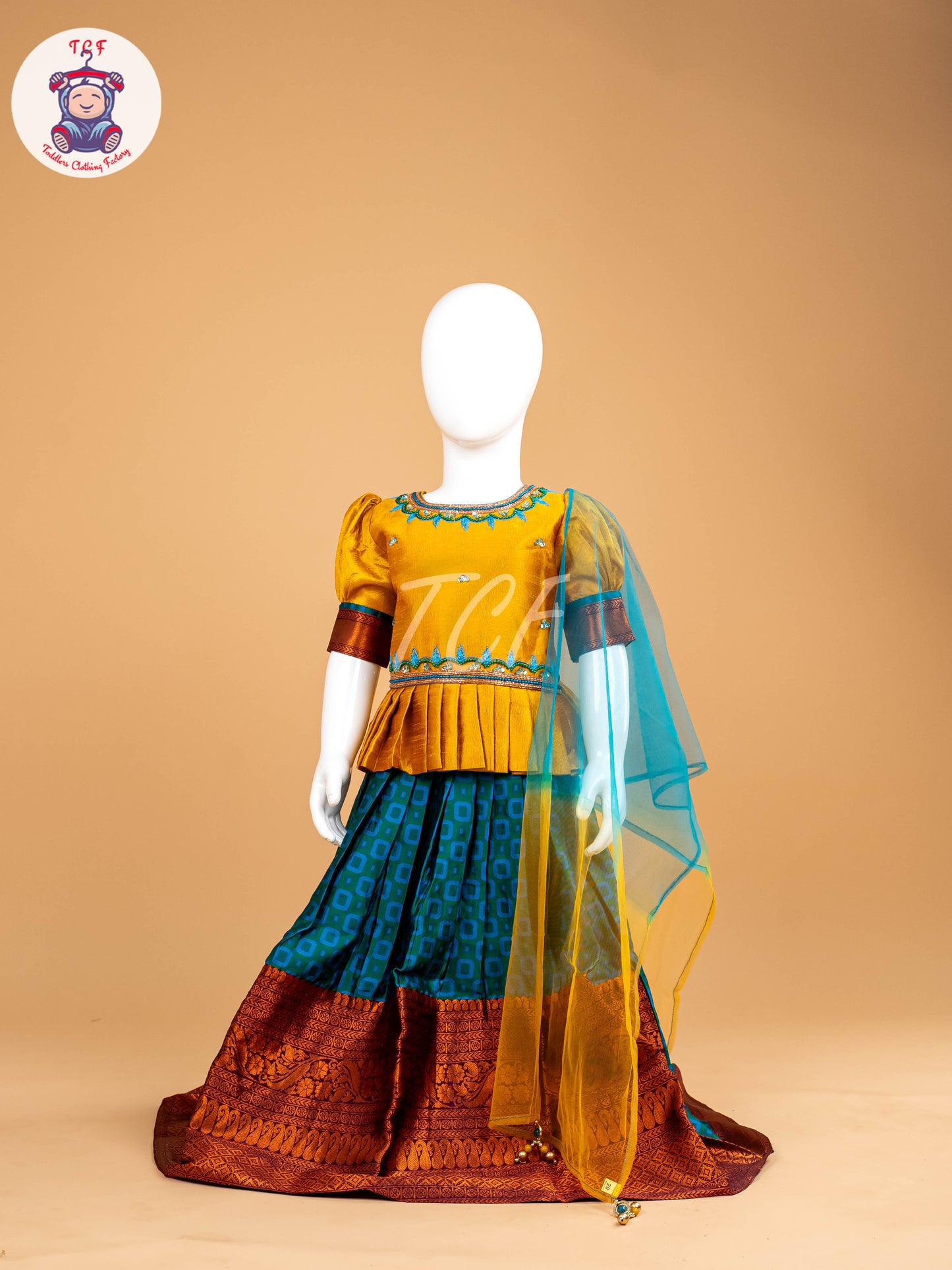 Mustard & Sky Blue Floral Print - Semi Leghanga Choli