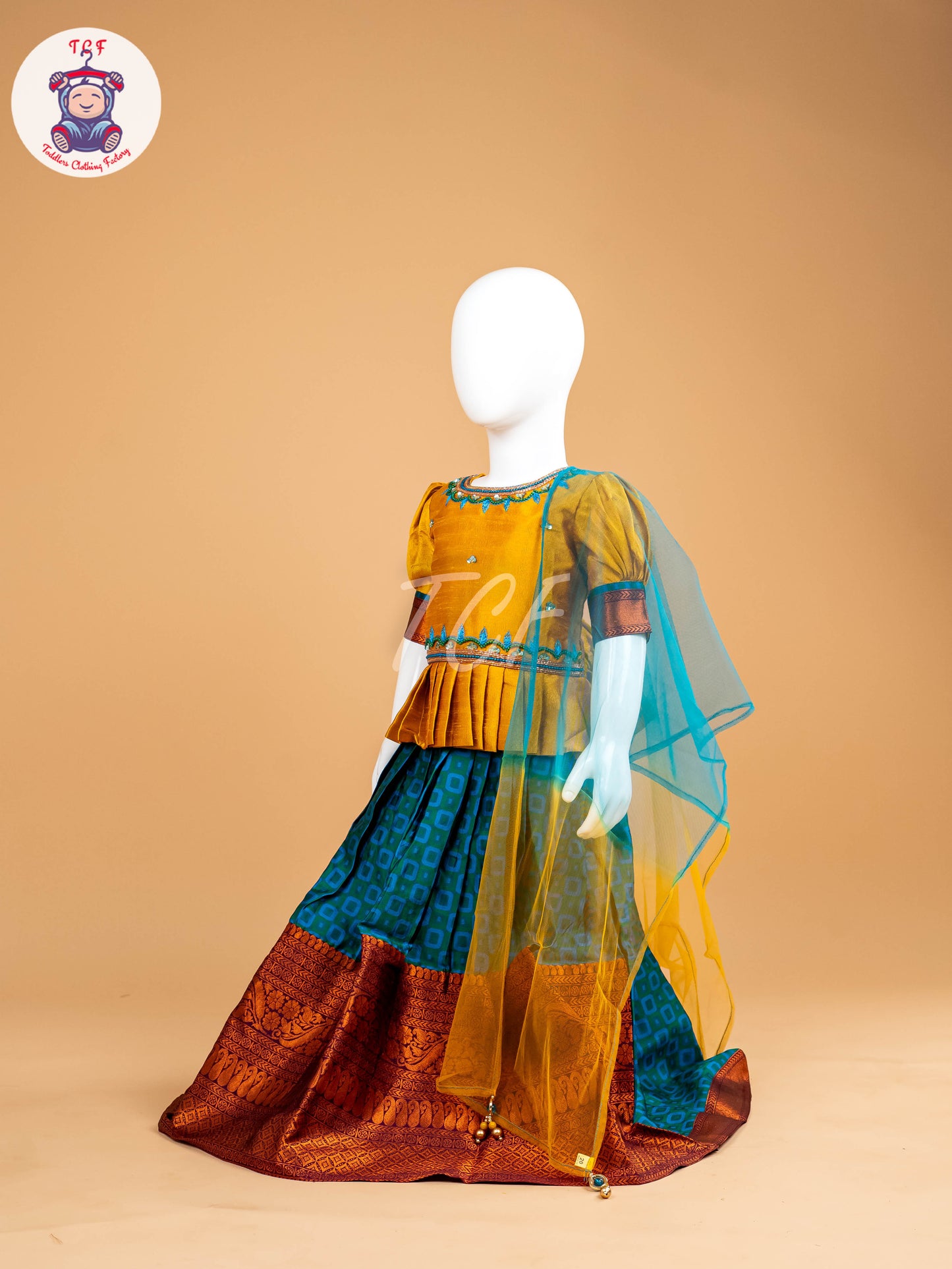 Mustard & Sky Blue Floral Print - Semi Leghanga Choli
