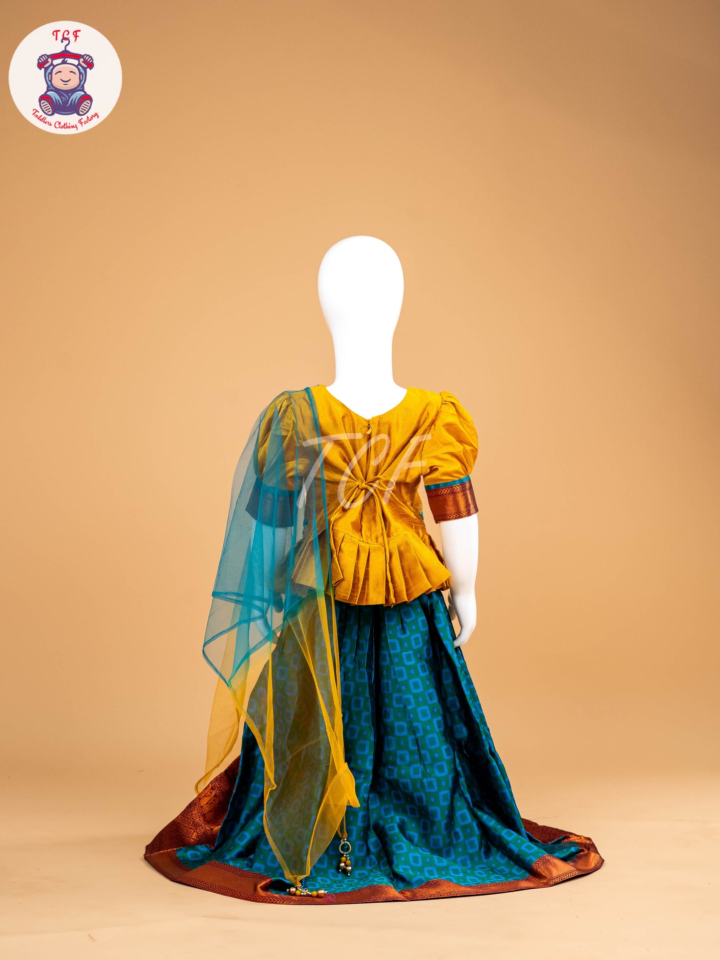 Mustard & Sky Blue Floral Print - Semi Leghanga Choli
