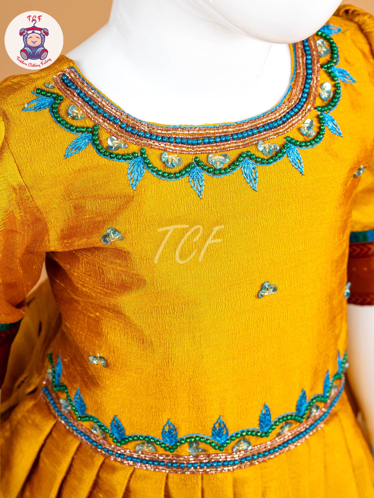 Mustard & Sky Blue Floral Print - Semi Leghanga Choli
