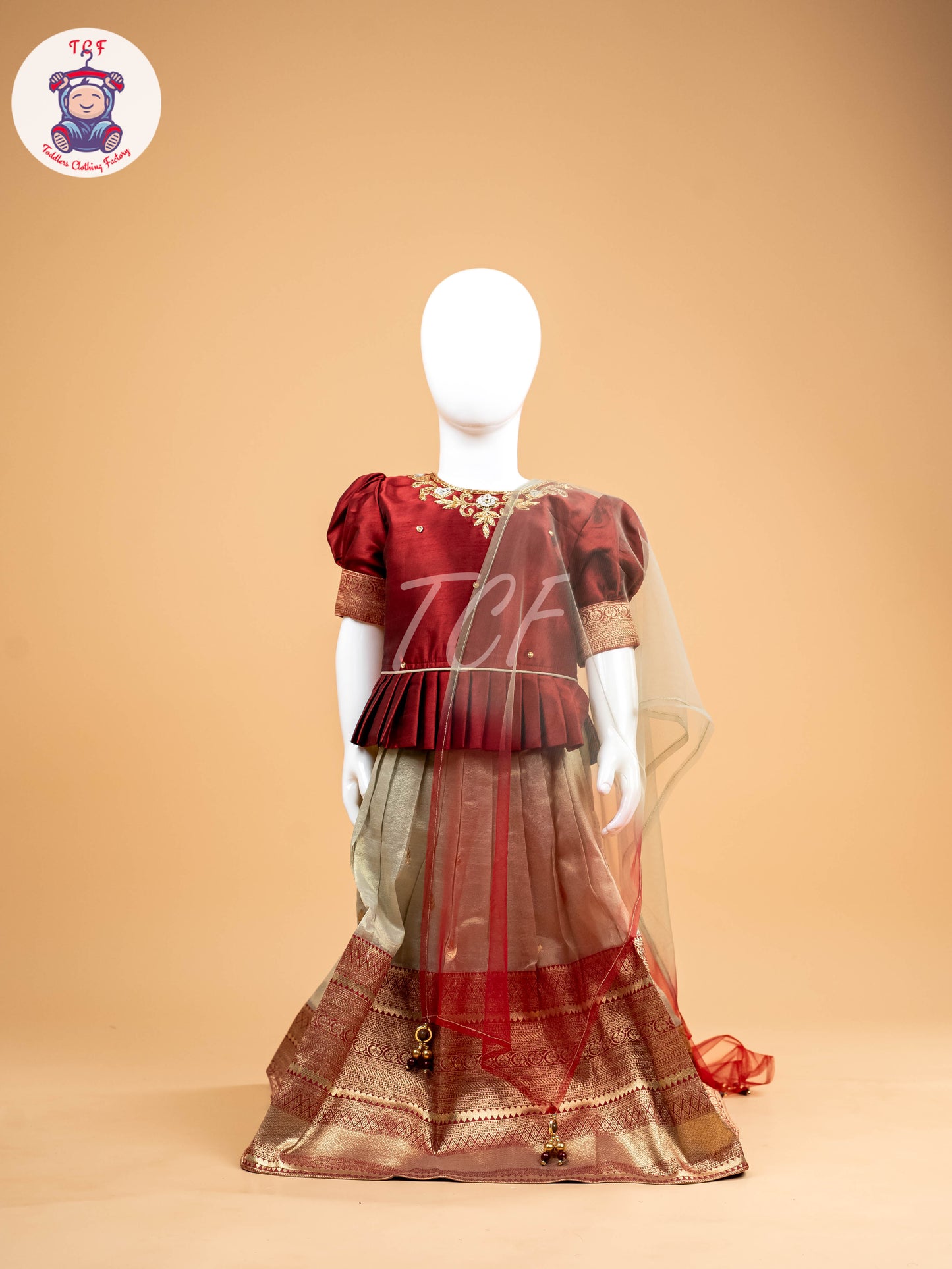 Red & Sandal Floral Print - Semi Leghanga Choli