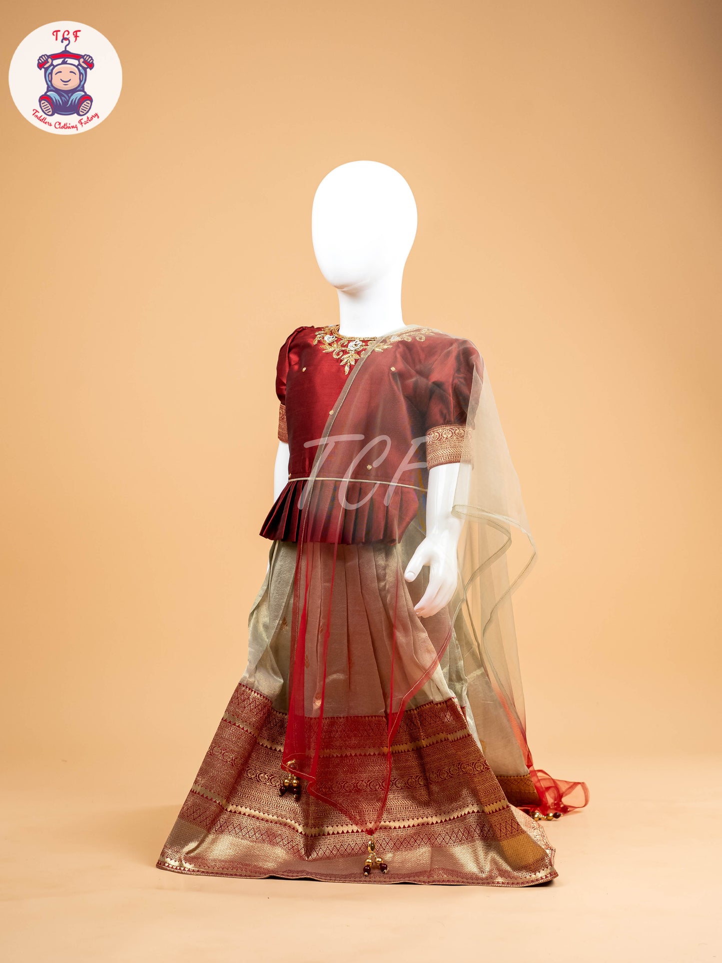 Red & Sandal Floral Print - Semi Leghanga Choli
