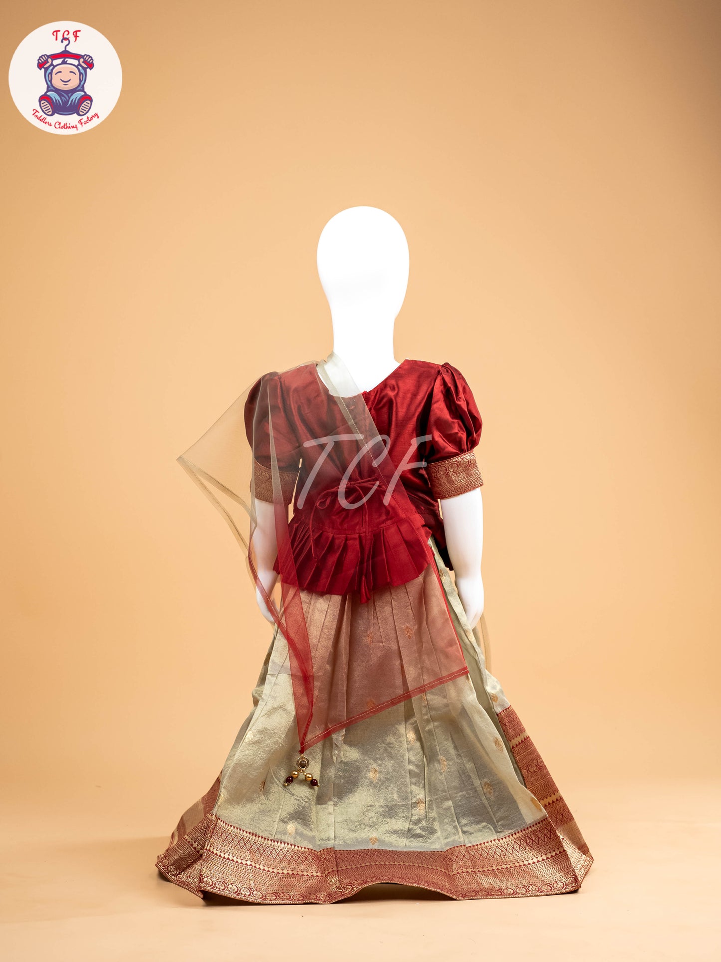 Red & Sandal Floral Print - Semi Leghanga Choli