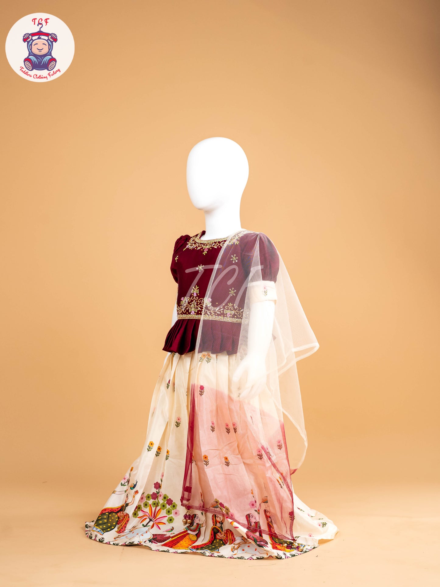 Maroon & Cream - Semi Leghanga Choli