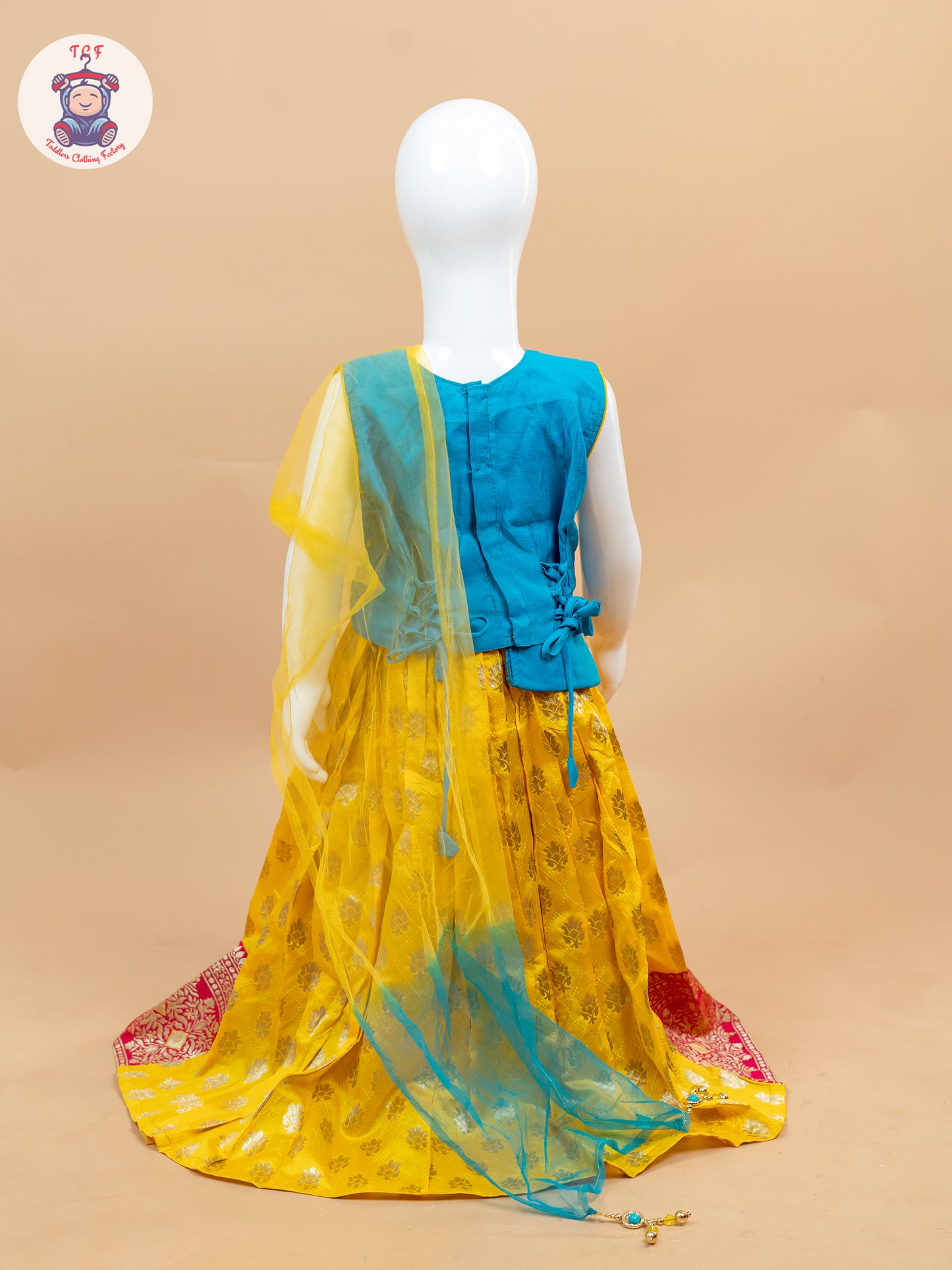Yellow & Blue Floral Print - Semi Lehenga Choli