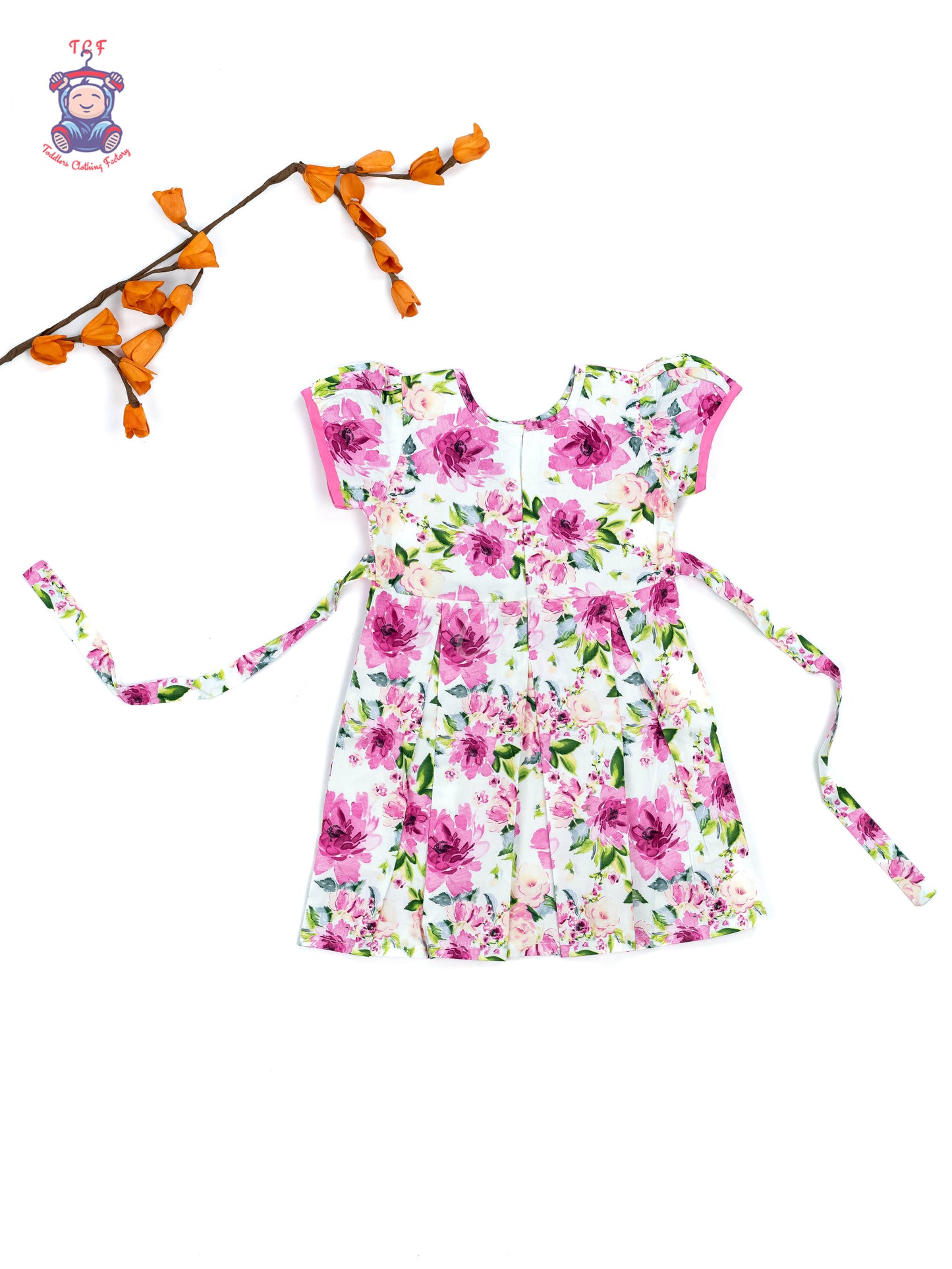 Pink & White Floral Printed - Girls Readymade Cotton Frocks