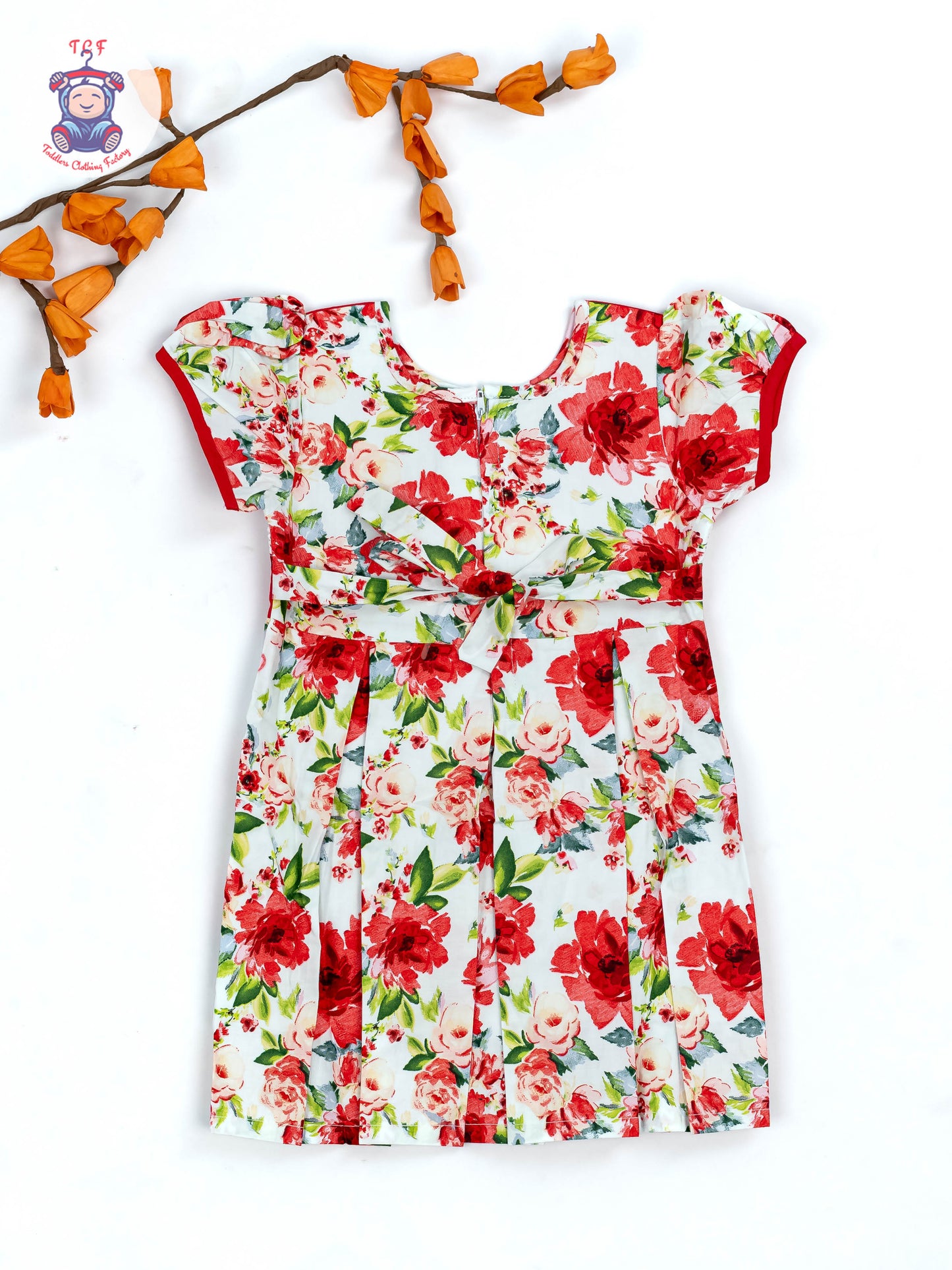 Red & White Floral Printed - Girls Readymade Cotton Frocks