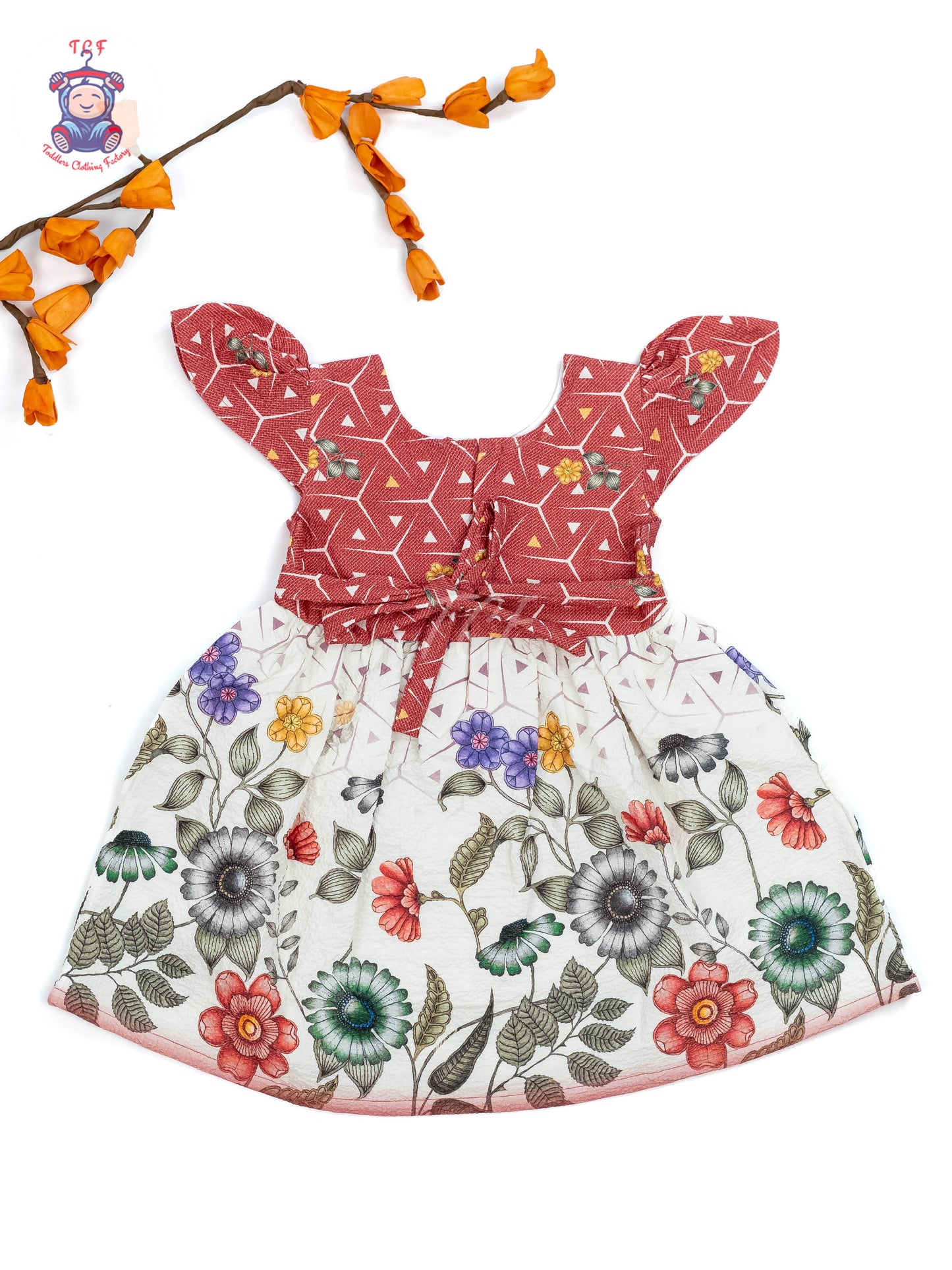 Red & White Floral Printed - Girls Readymade crinkled Cotton Frocks