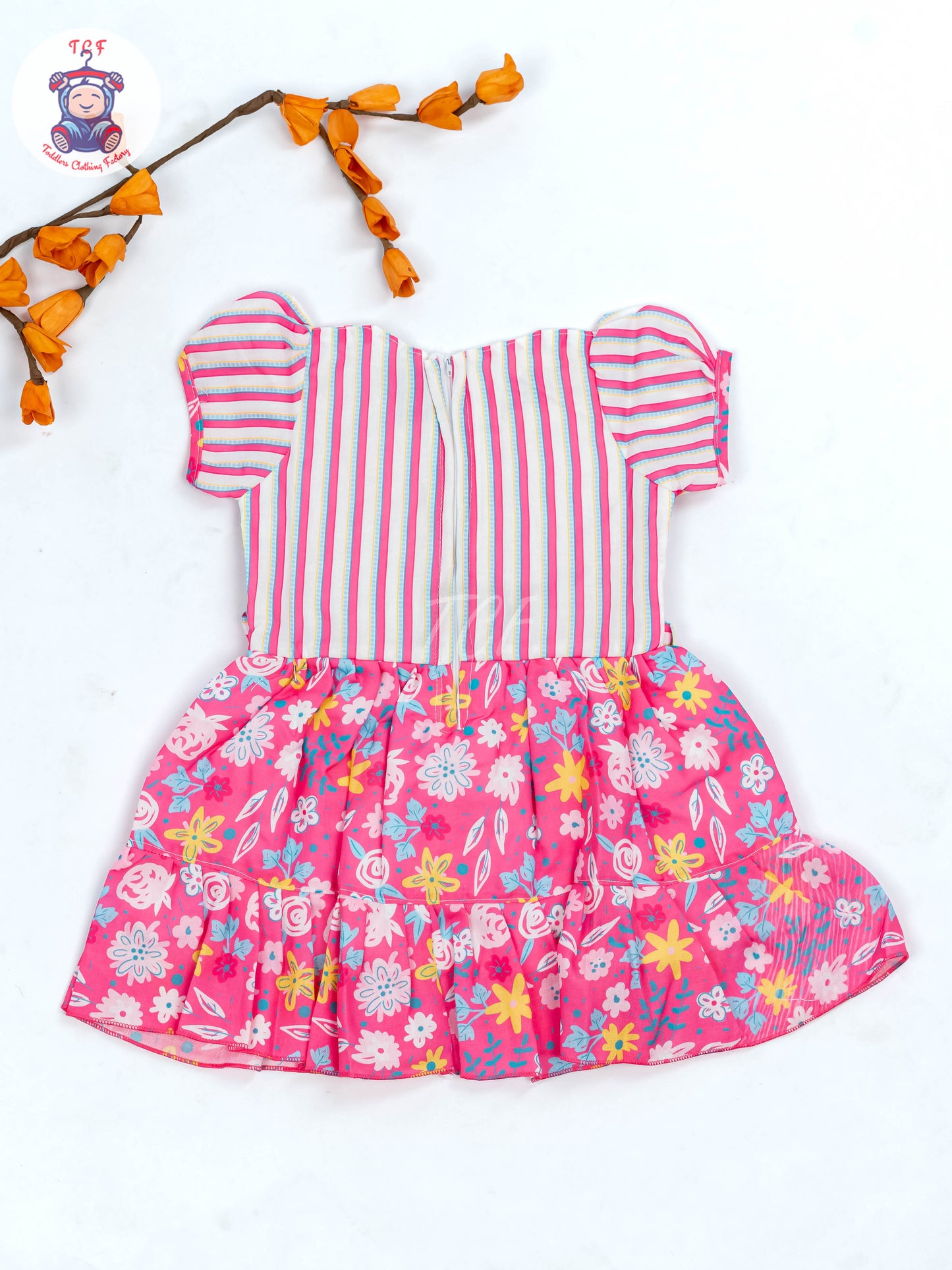 Pink & White Floral Printed - Girls Readymade Cotton Frocks