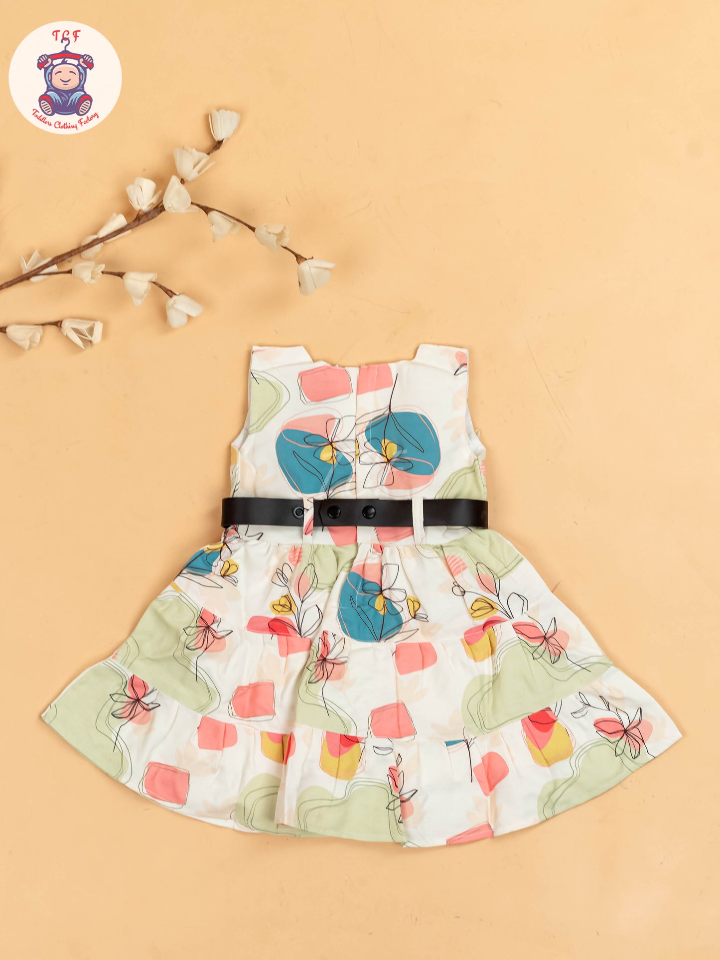 White & Green Floral Printed - Girls Readymade Cotton Frocks