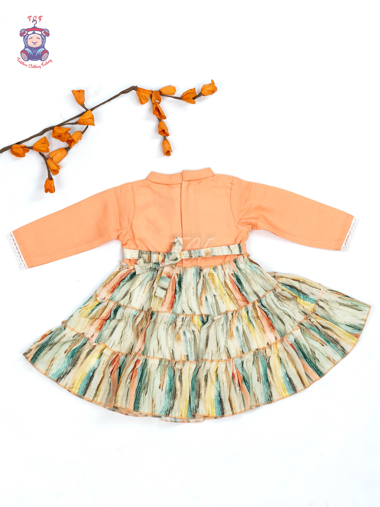 Orange Floral Printed - Girls Readymade Cotton Frocks