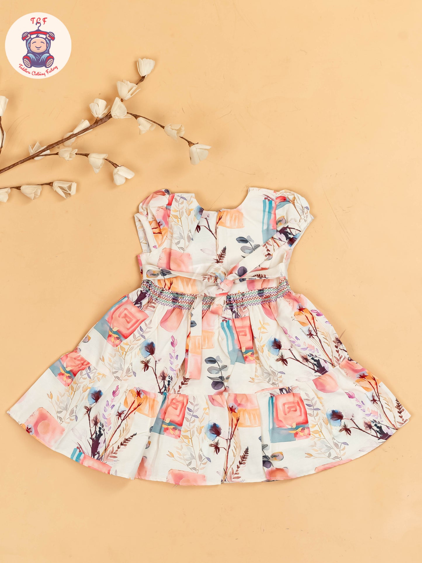 Cream & Pink Floral Printed - Girls Readymade Cotton Frocks