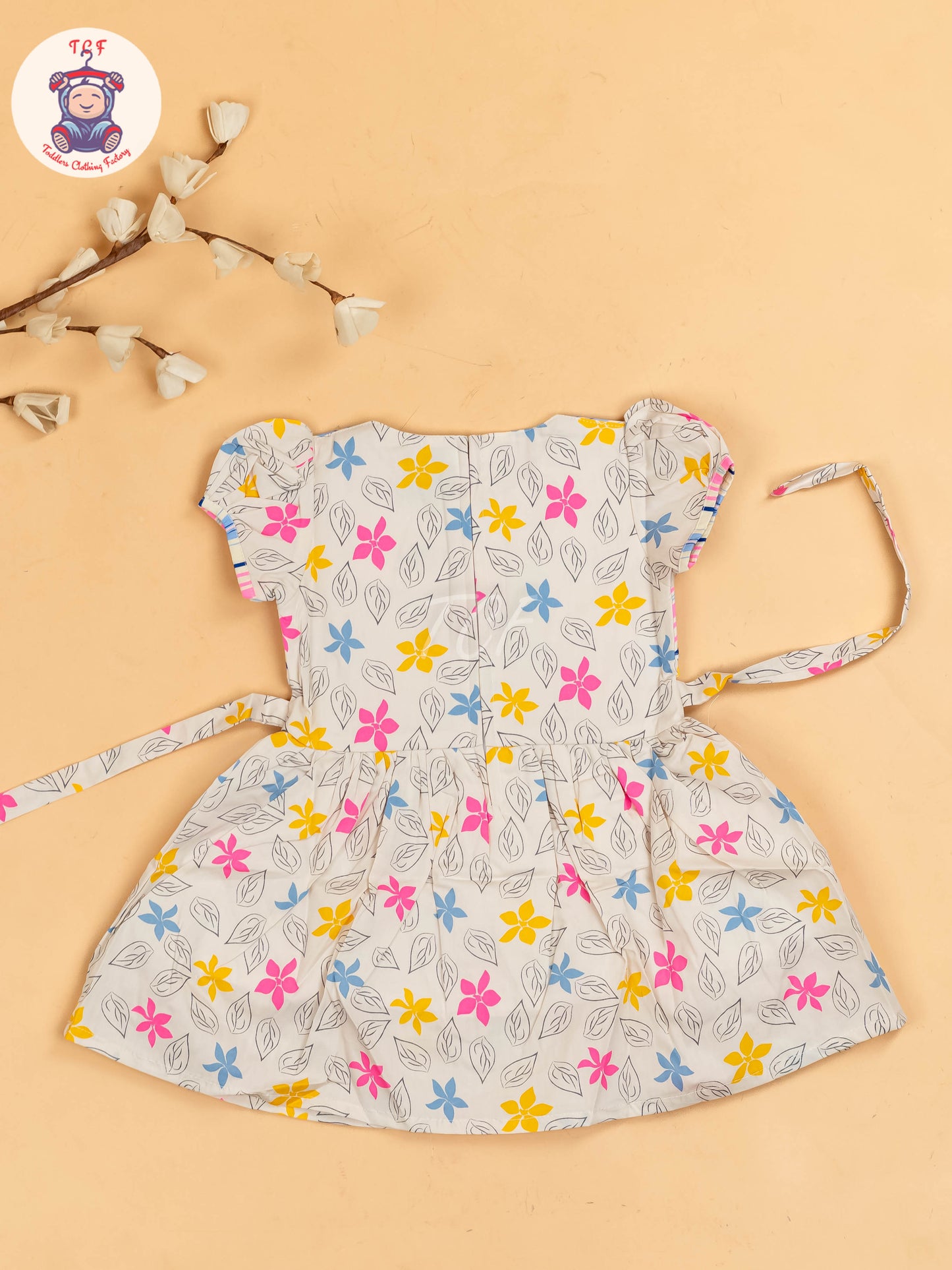 Pink & White Floral Printed - Girls Readymade Cotton Frocks