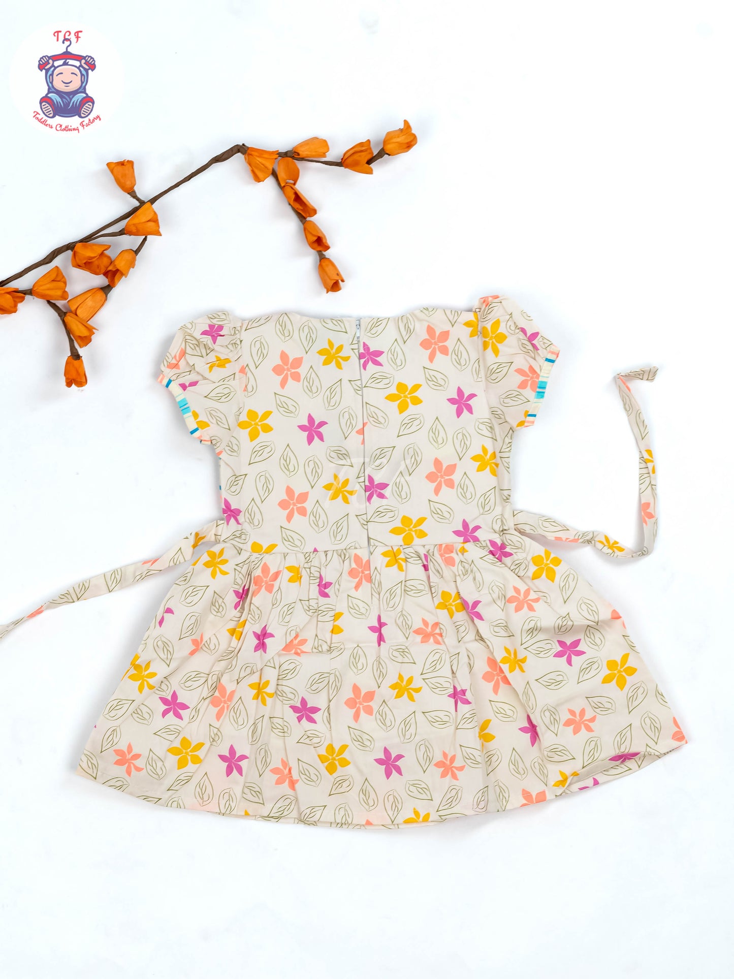 Green & Orange Floral Printed - Girls Readymade Cotton Frocks