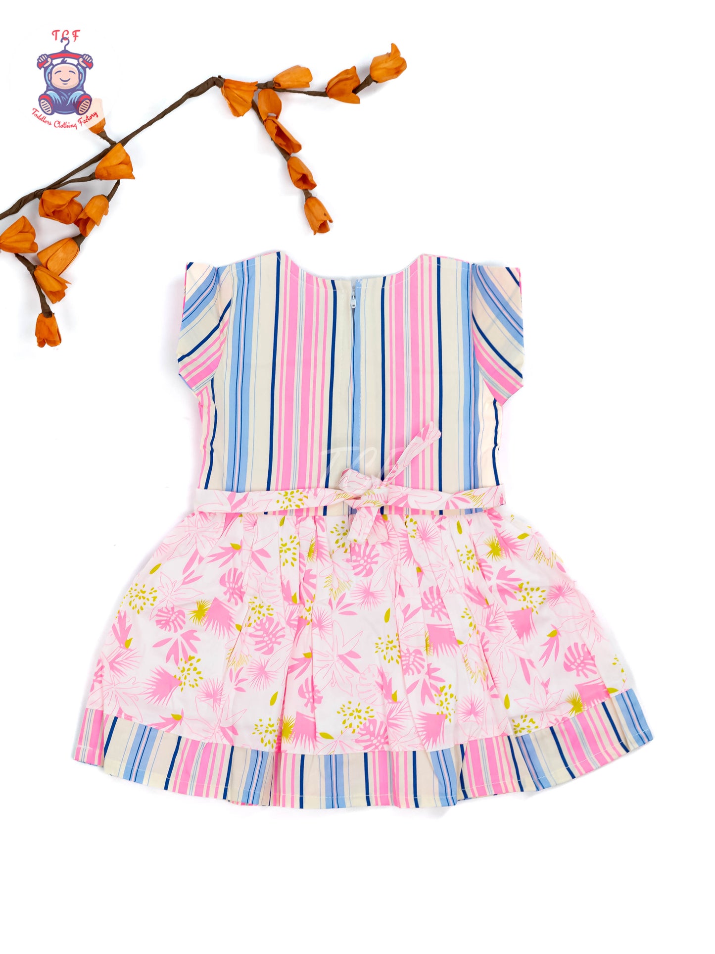Pink & White Floral Printed - Girls Readymade Cotton Frocks