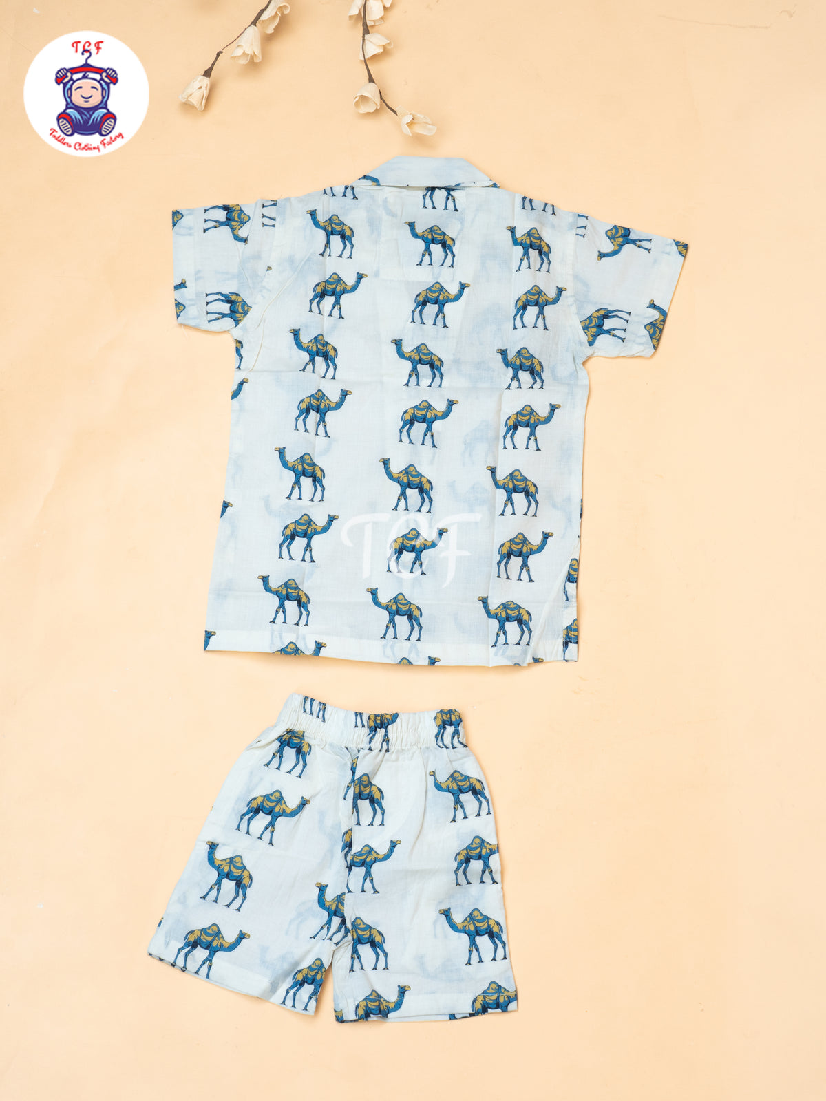 White - Boys Camel Printed Spread Collor Shirts & Shorts
