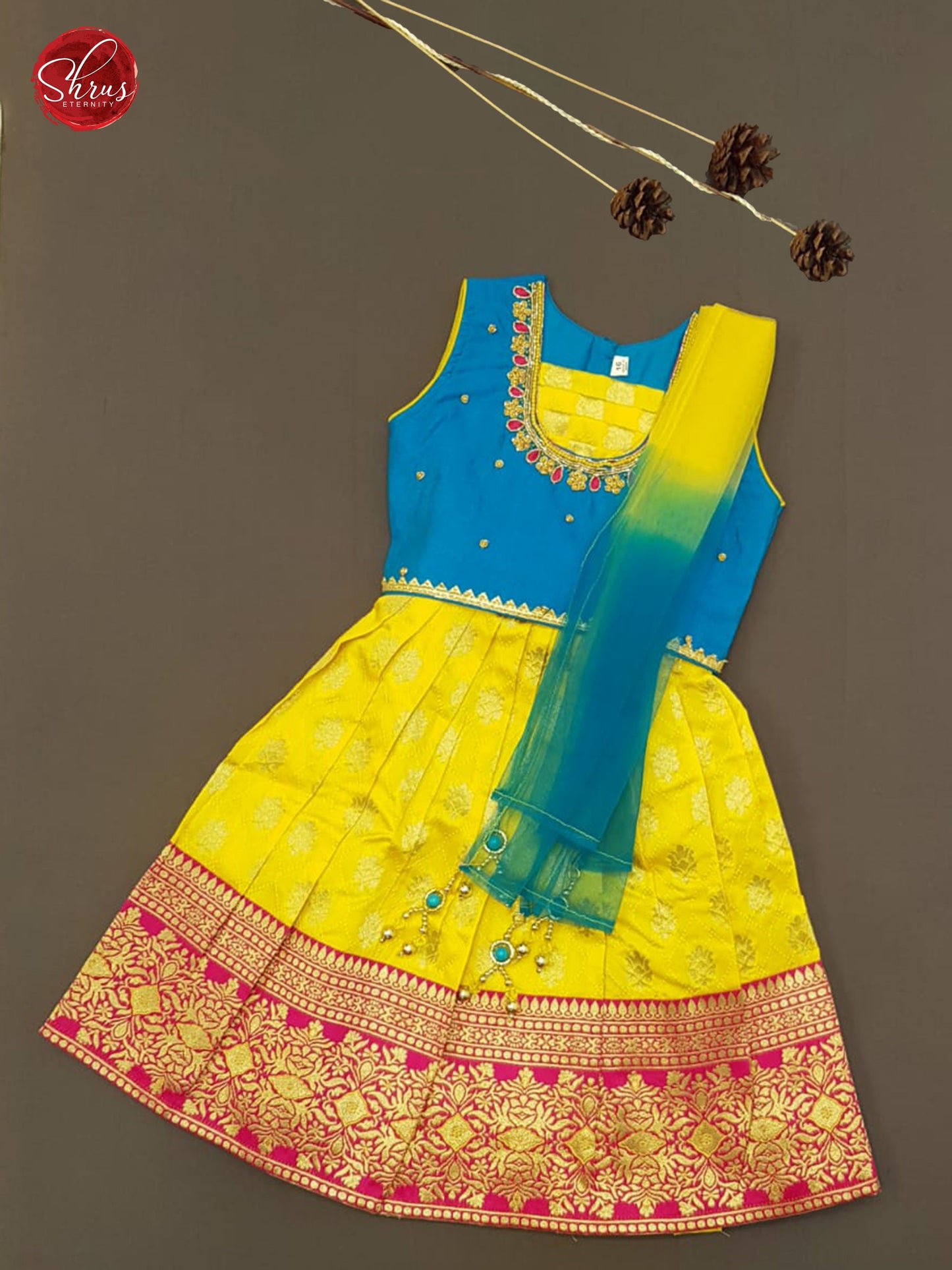Blue & Yellow- Readymade Girls Frock with floral embroidery Size - !6 - Shop on ShrusEternity.com
