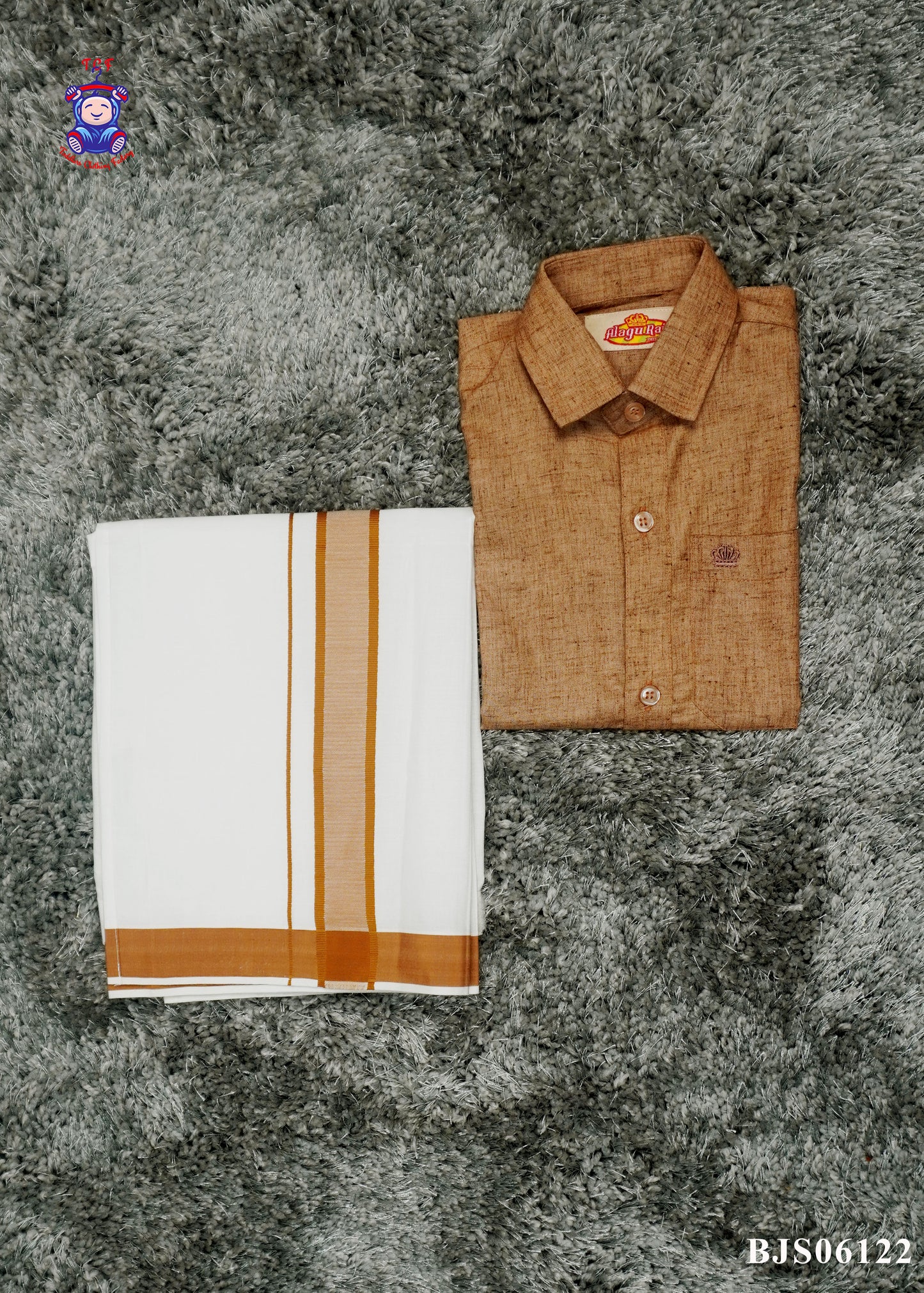 Brown & White - Boys Readymade Dhoti & Shirts