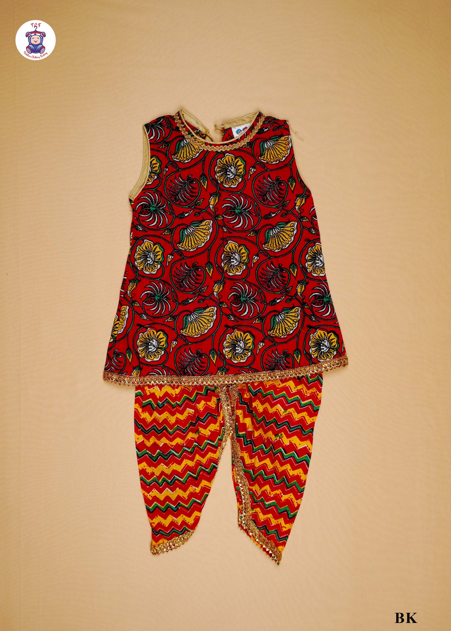 Imperial Red & Neon Orange - Sleeveless Kurti Dhoti Set