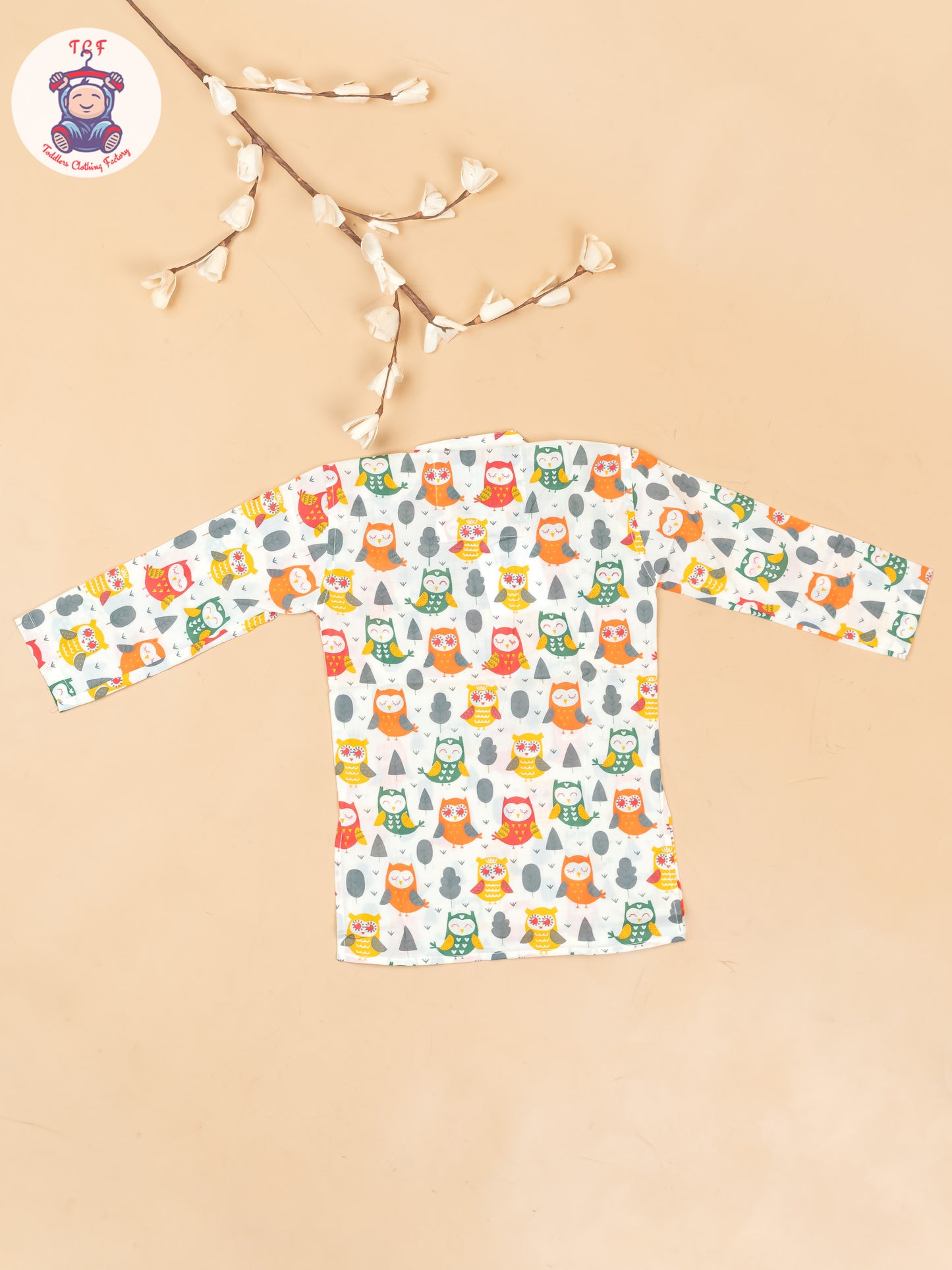 Green & Orange - Boys Owl Printed Long Kurta