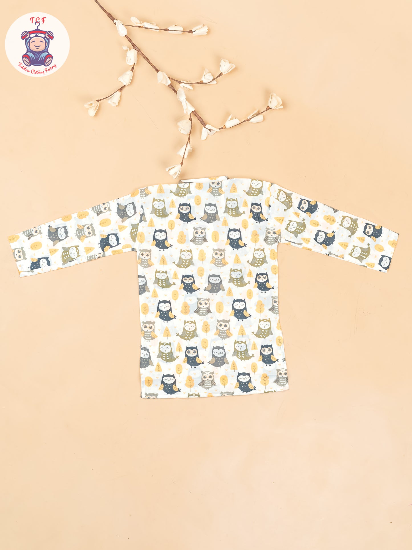 White & Grey - Boys Owl Printed Long Kurta
