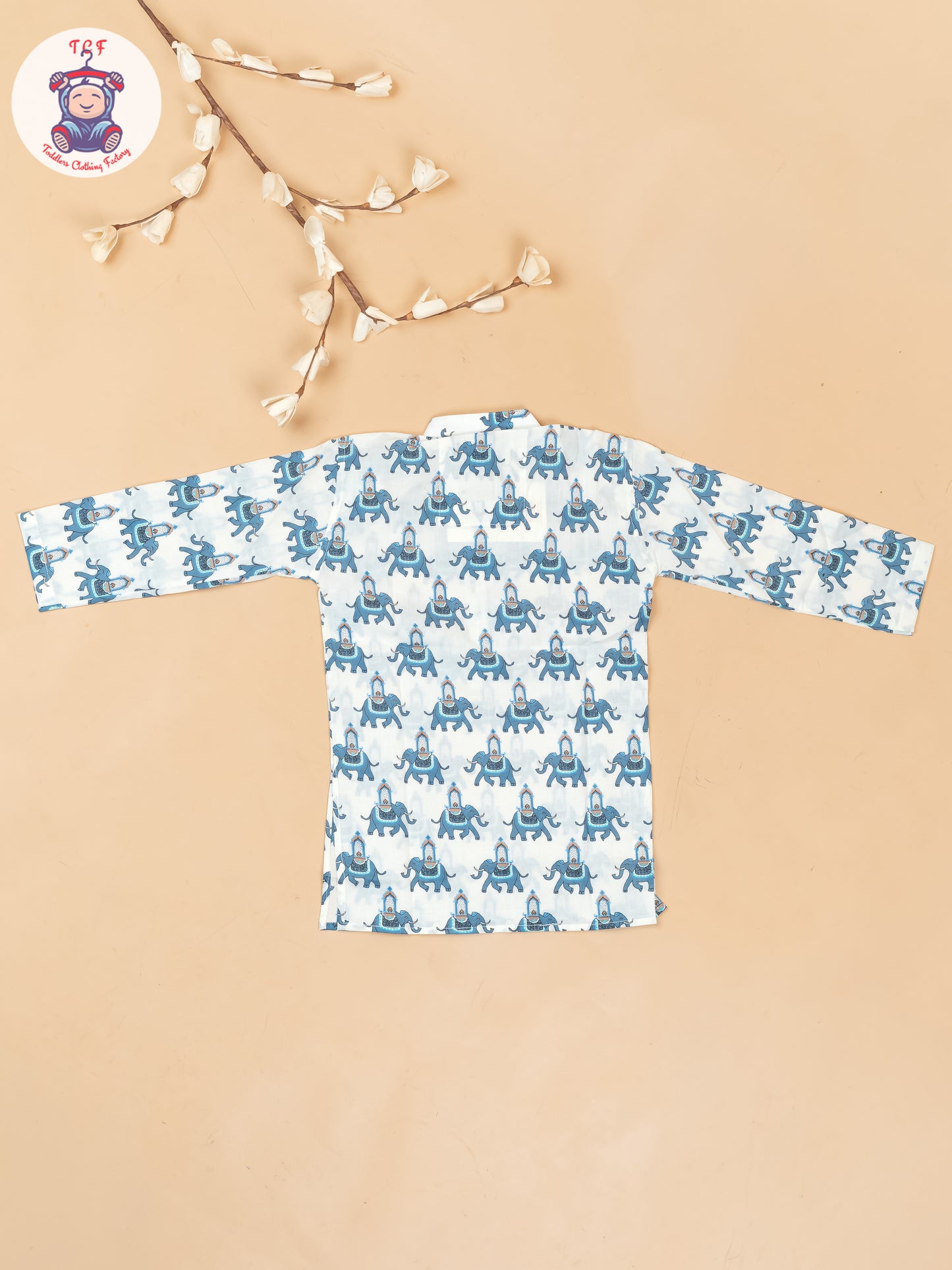 White & Grey - Boys Elephant Printed Long Kurta