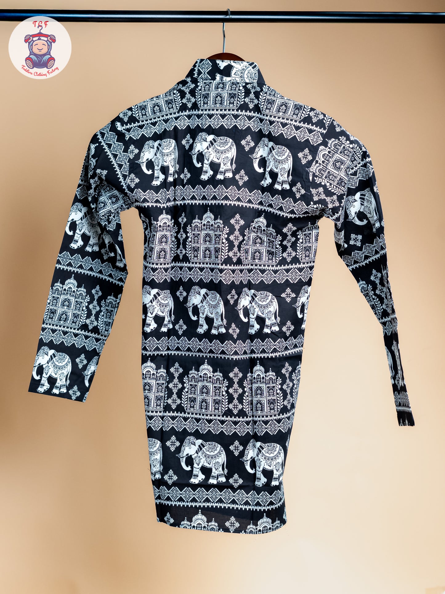 Black - Boys Elephant Printed Long Kurta