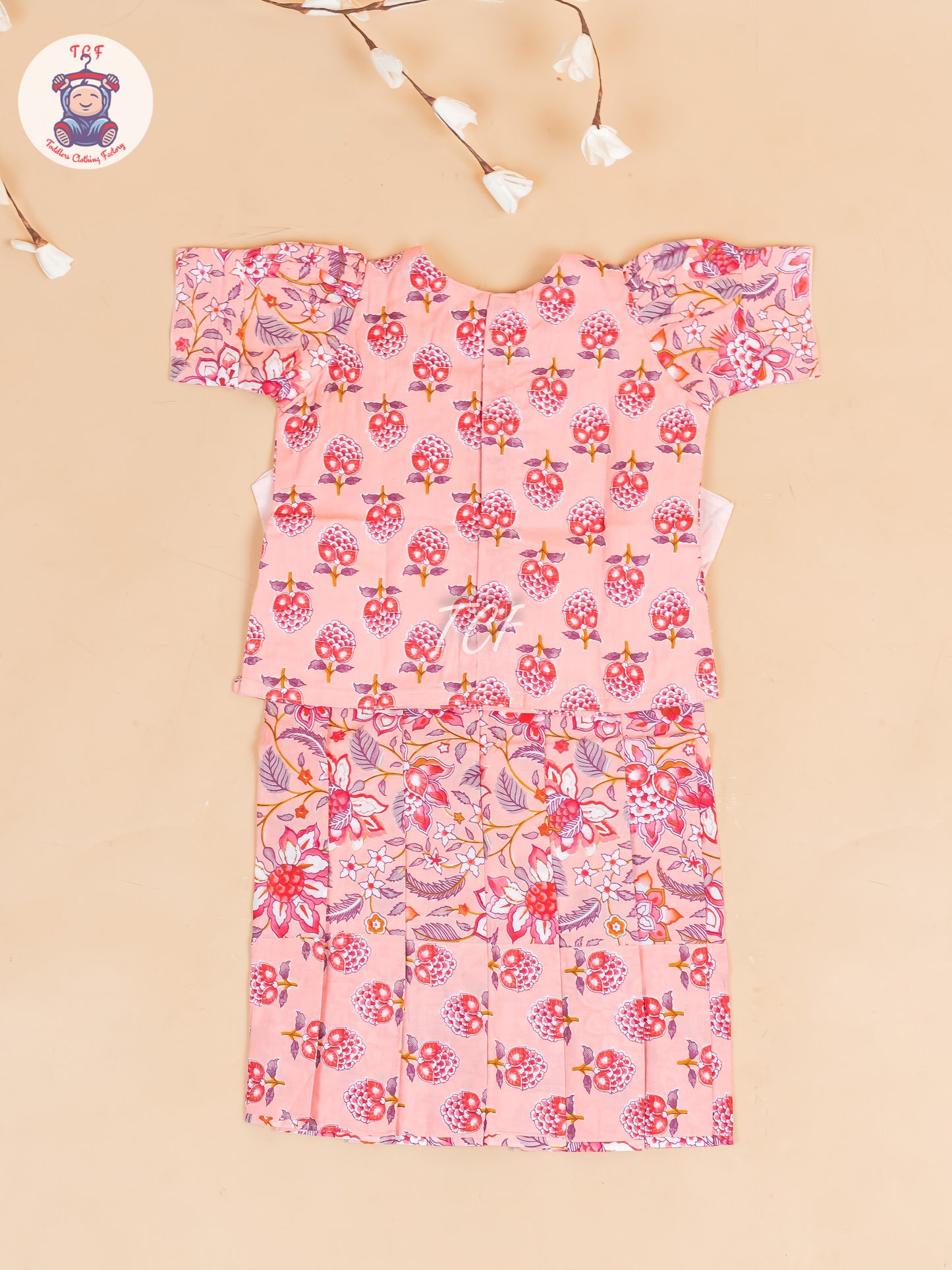 Peach Floral Printed - Girls Readymade Cotton Pavadai Sattai