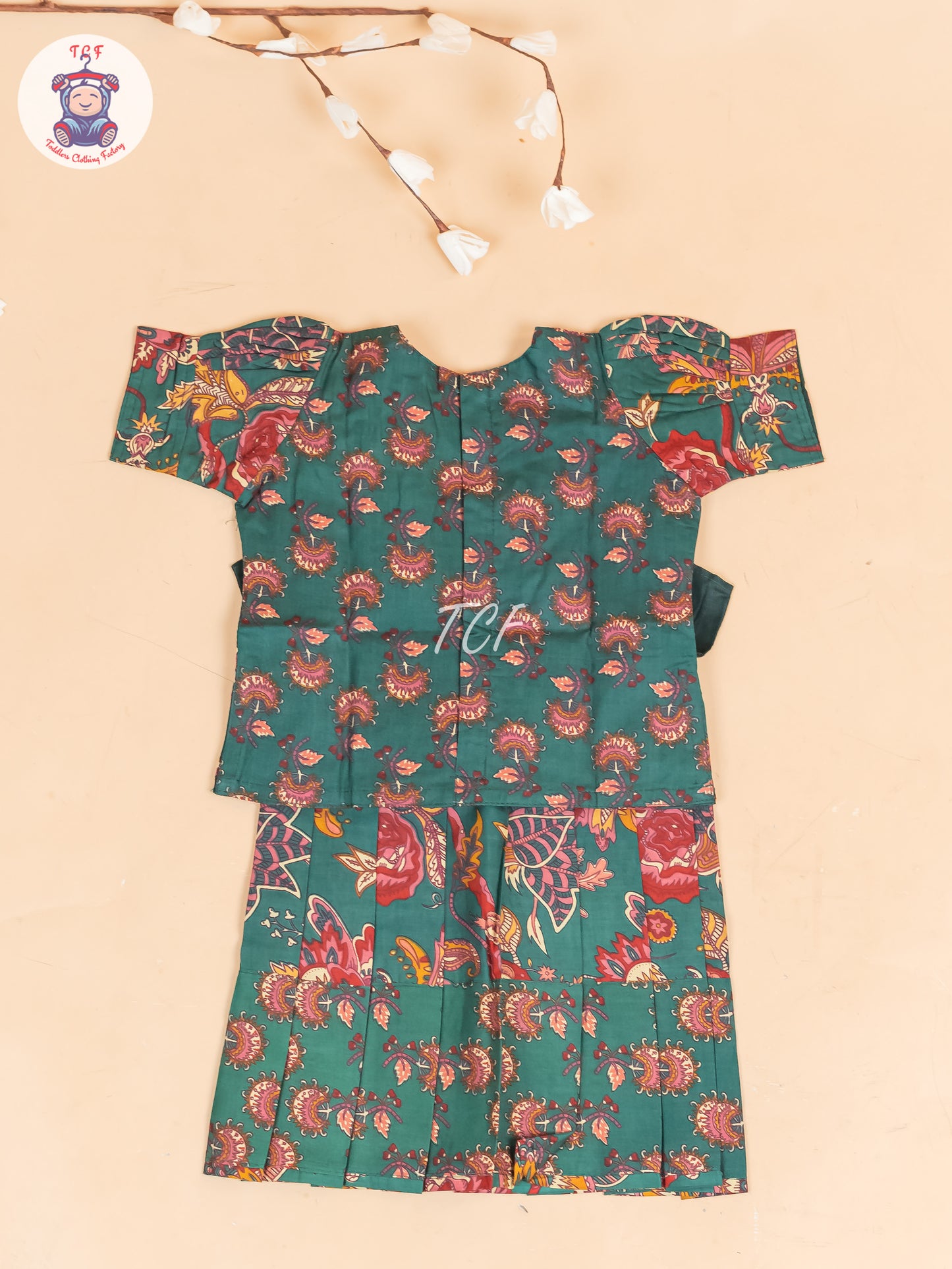 Green & Maroon Floral - Girls Readymade Cotton Pavadai Sattai