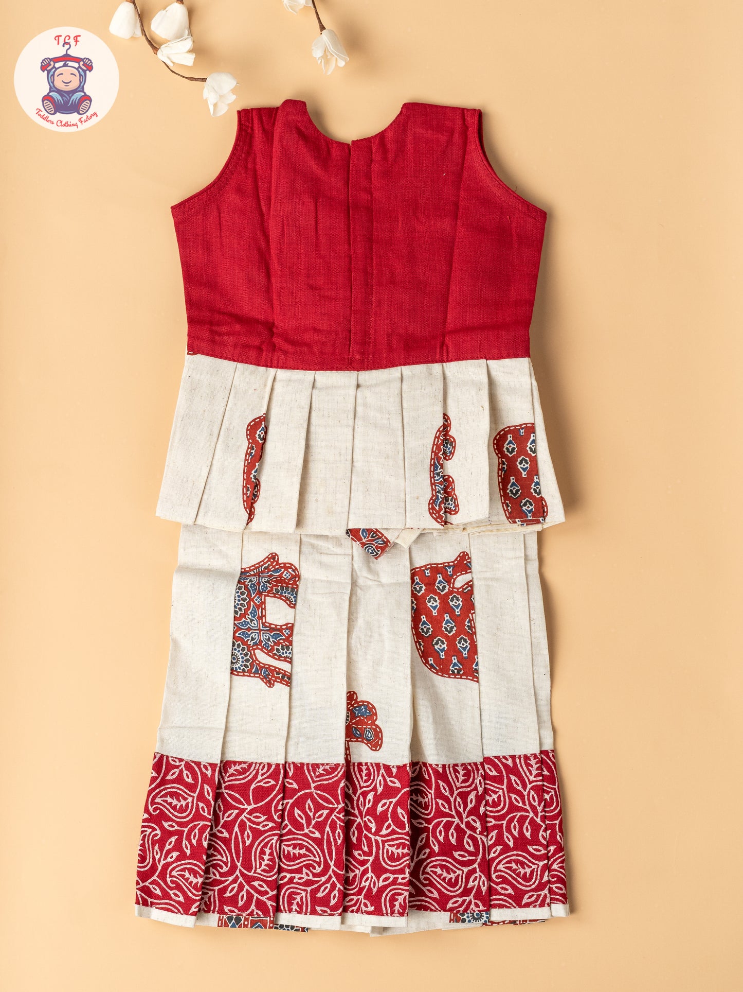 Red & Cream - Girls Readymade Cotton Pavadai Sattai