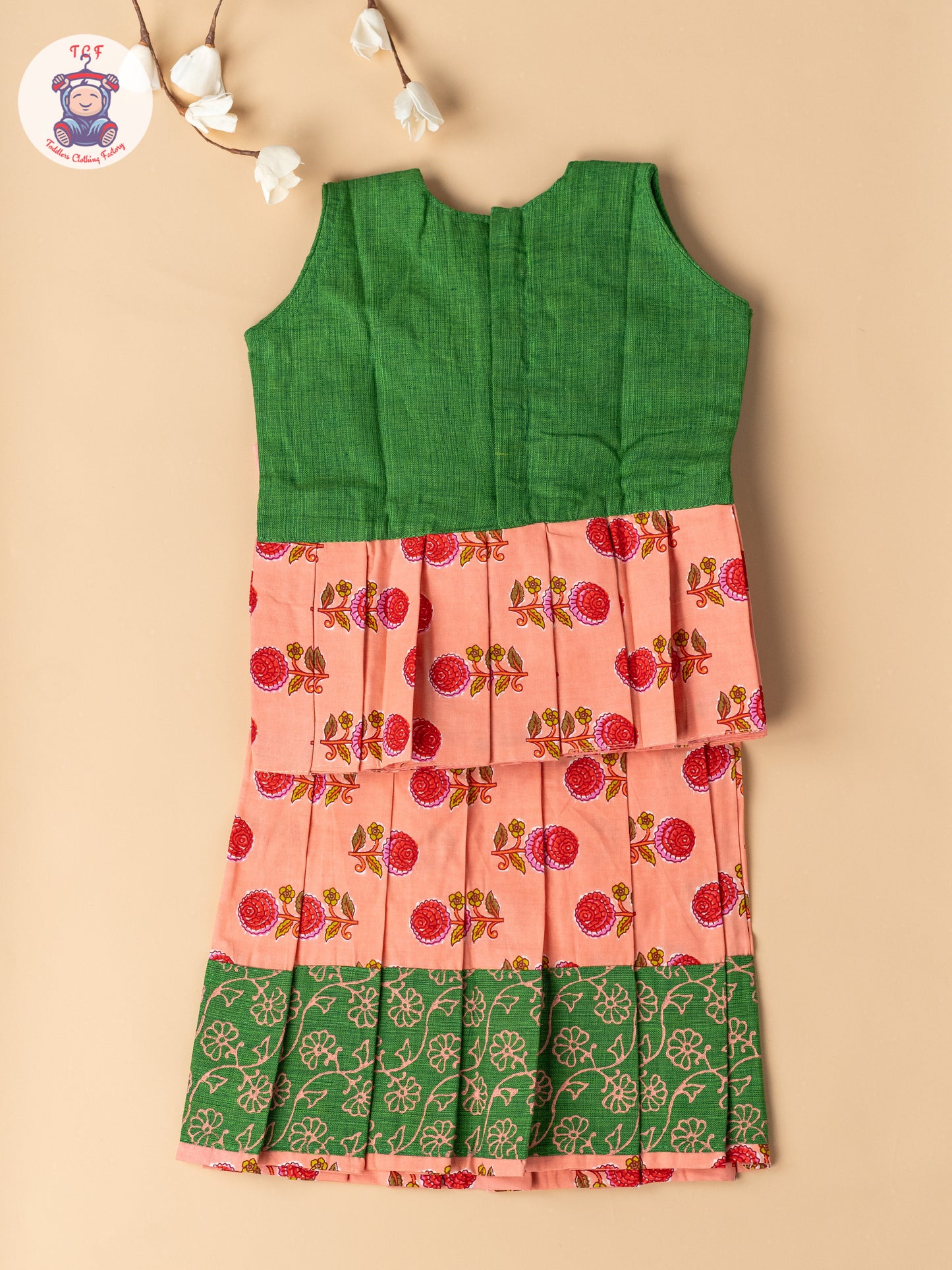 Bottle Green & Light Pink - Girls Readymade Floral Printed Cotton Pavadai Sattai