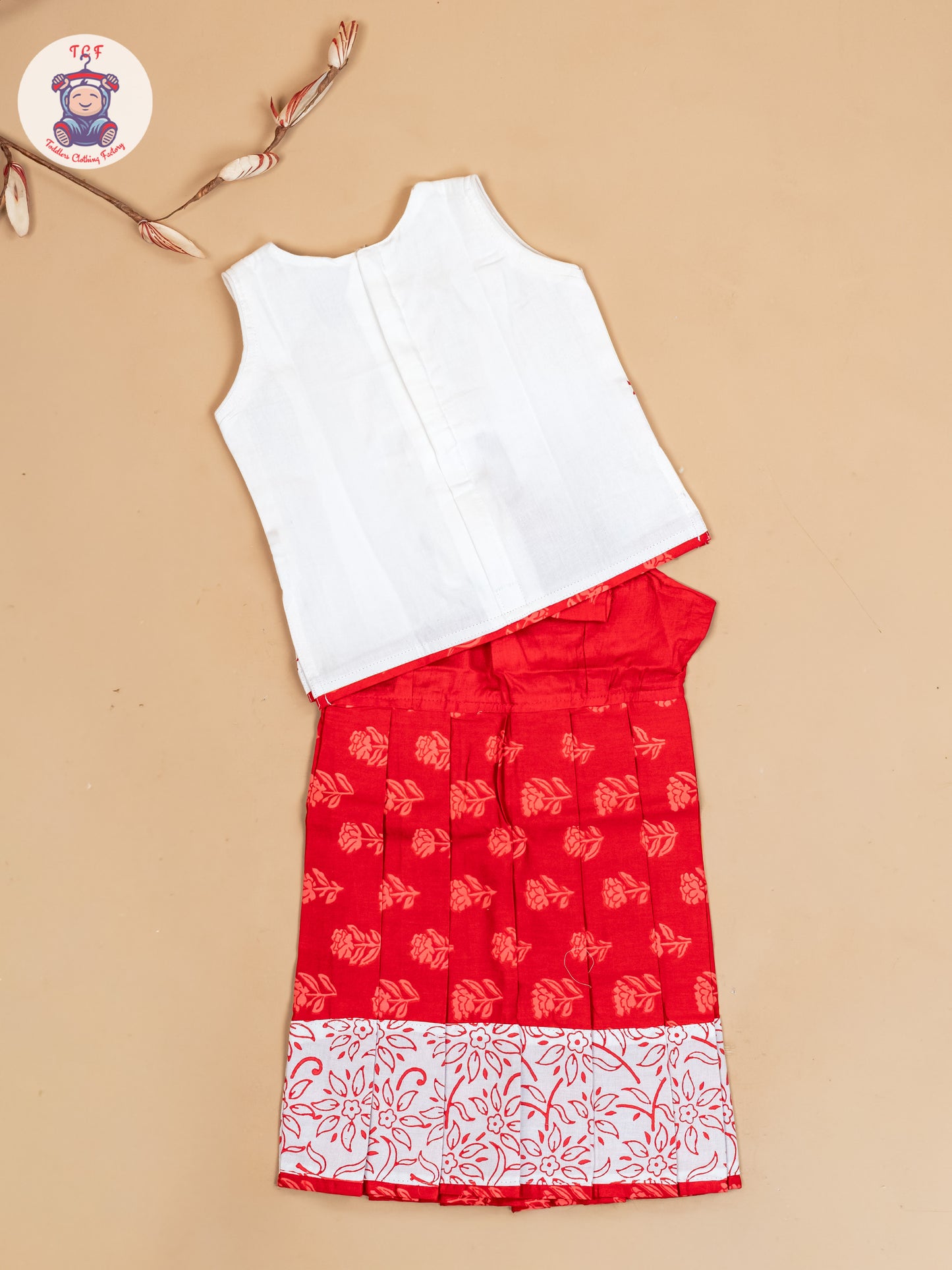White & Red - Girls Readymade Floral Printed Cotton Pavadai Sattai