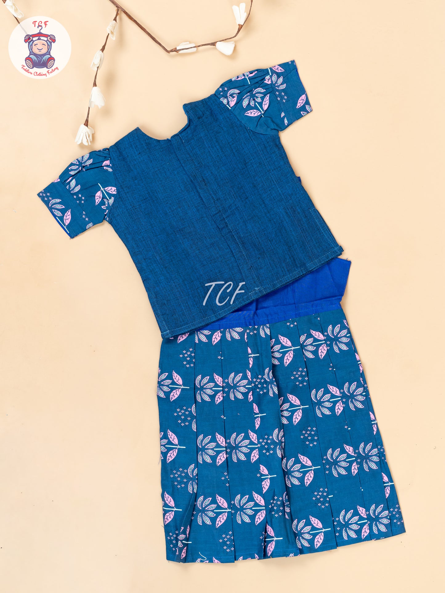 Ink Blue - Girls Readymade Floral Printed Cotton Pavadai Sattai