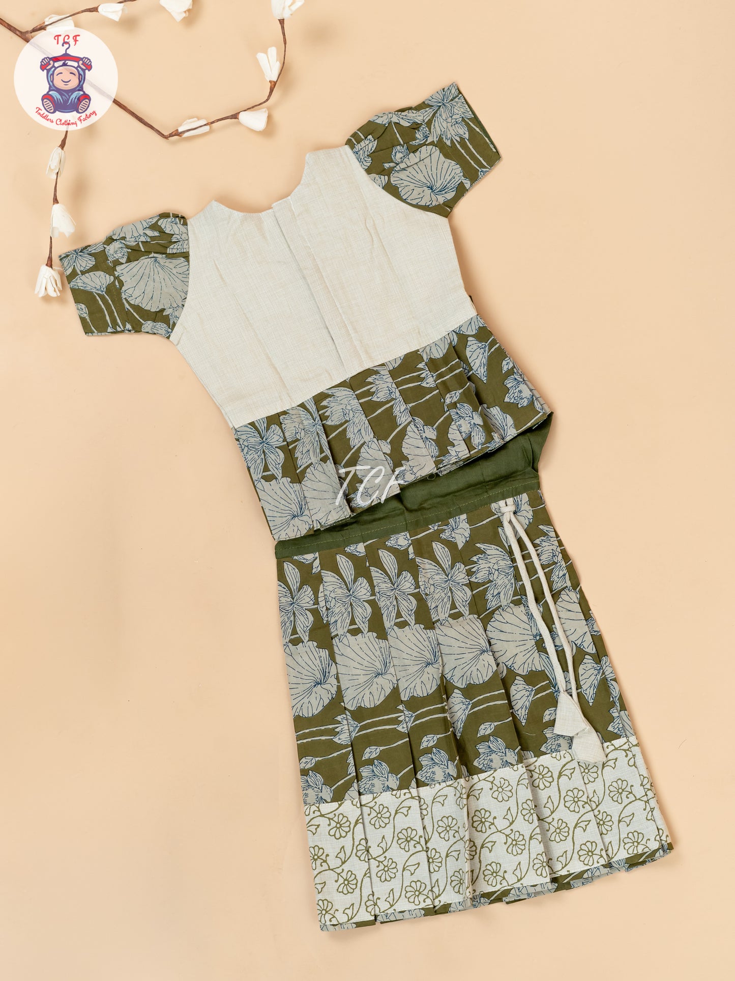 Light Green - Girls Readymade Floral Printed Cotton Pavadai Sattai