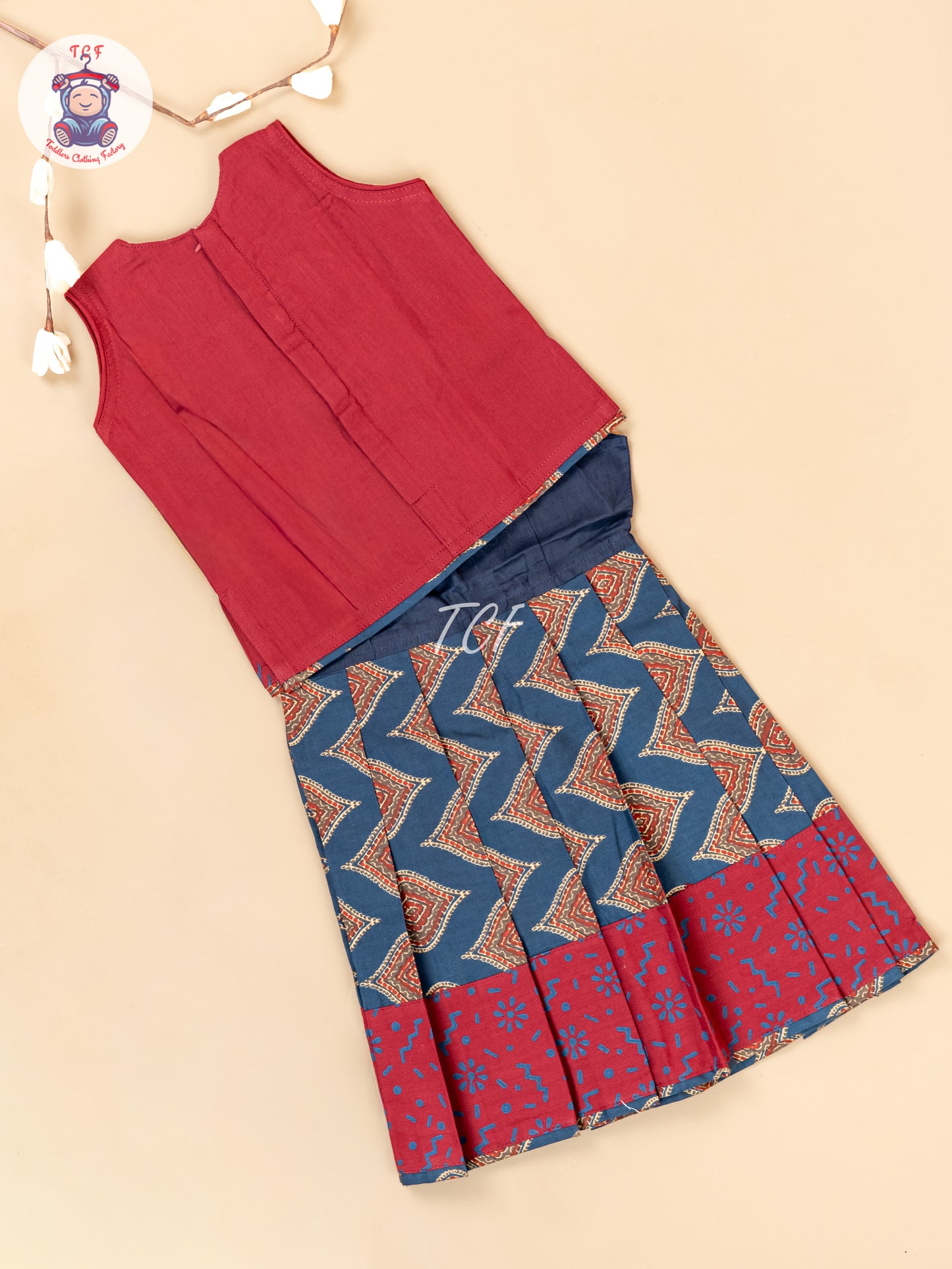 Maroon & Navy Blue - Girls Readymade Floral Printed Cotton Pavadai Sattai