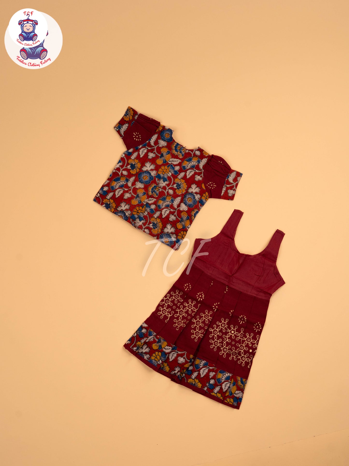 Maroon - Floral Printed Kalamkari Pavadai Sattai