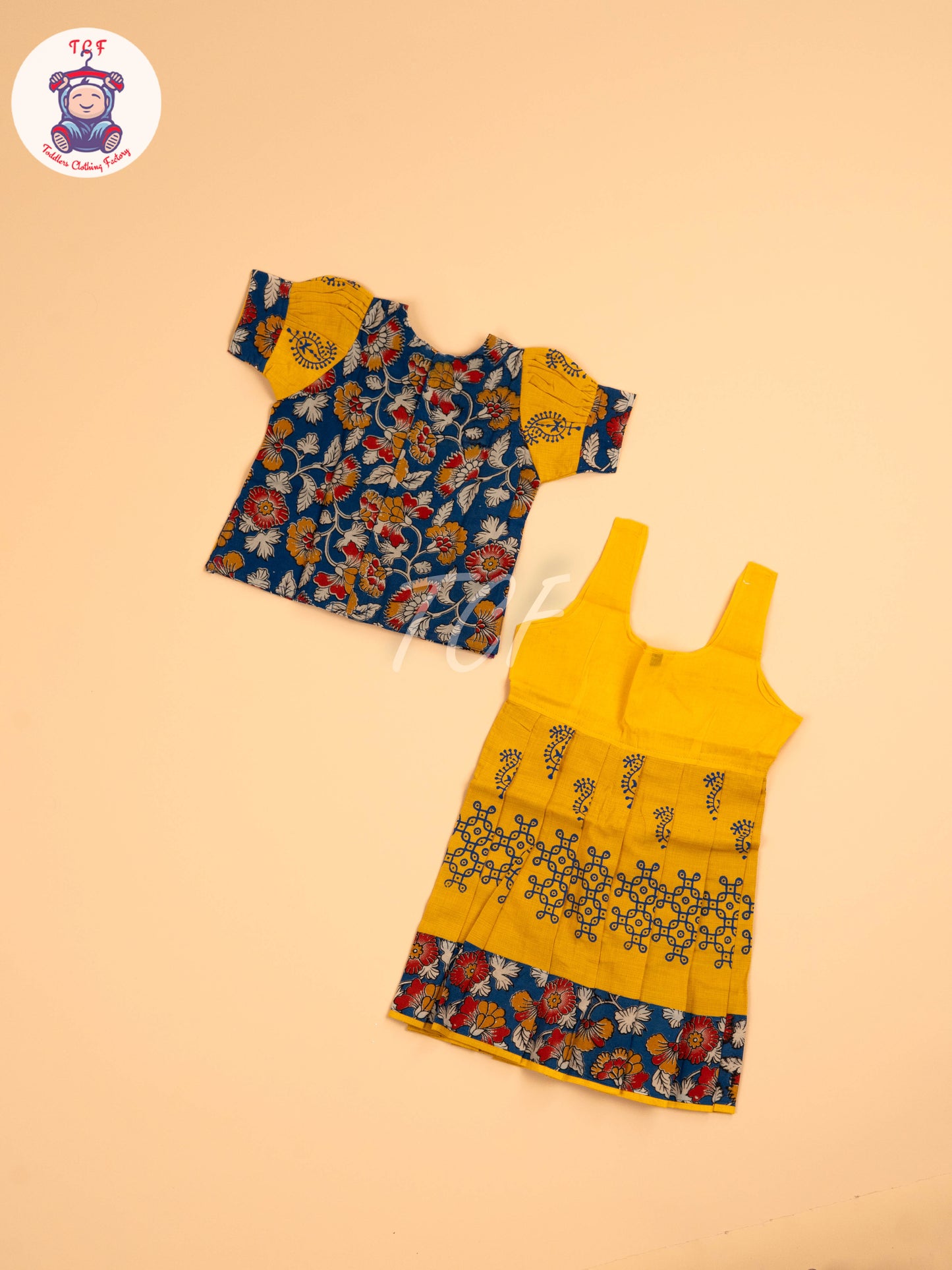 Blue - Floral Printed Kalamkari Pavadai Sattai