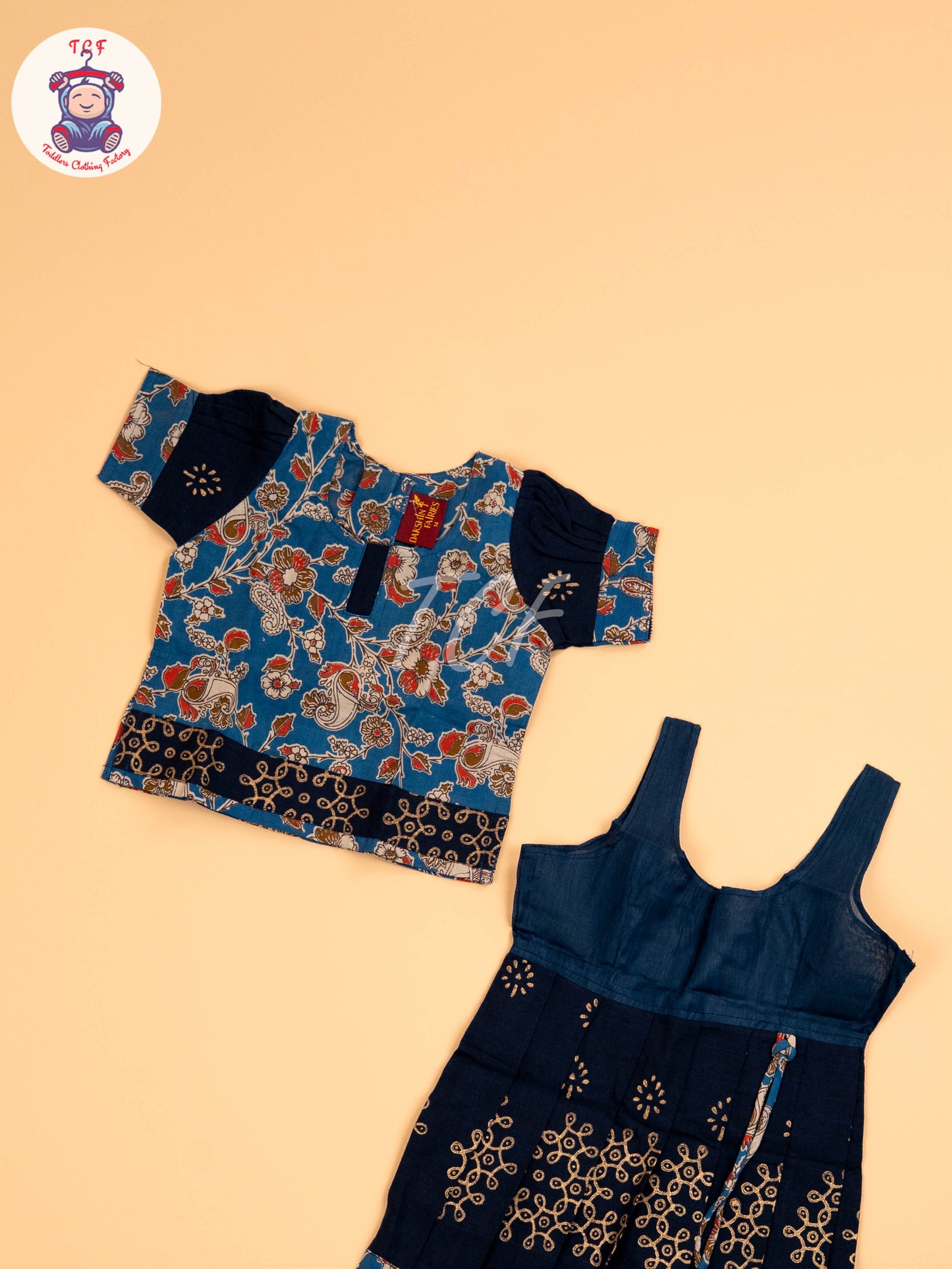 Blue - Floral Printed Kalamkari Pavadai Sattai