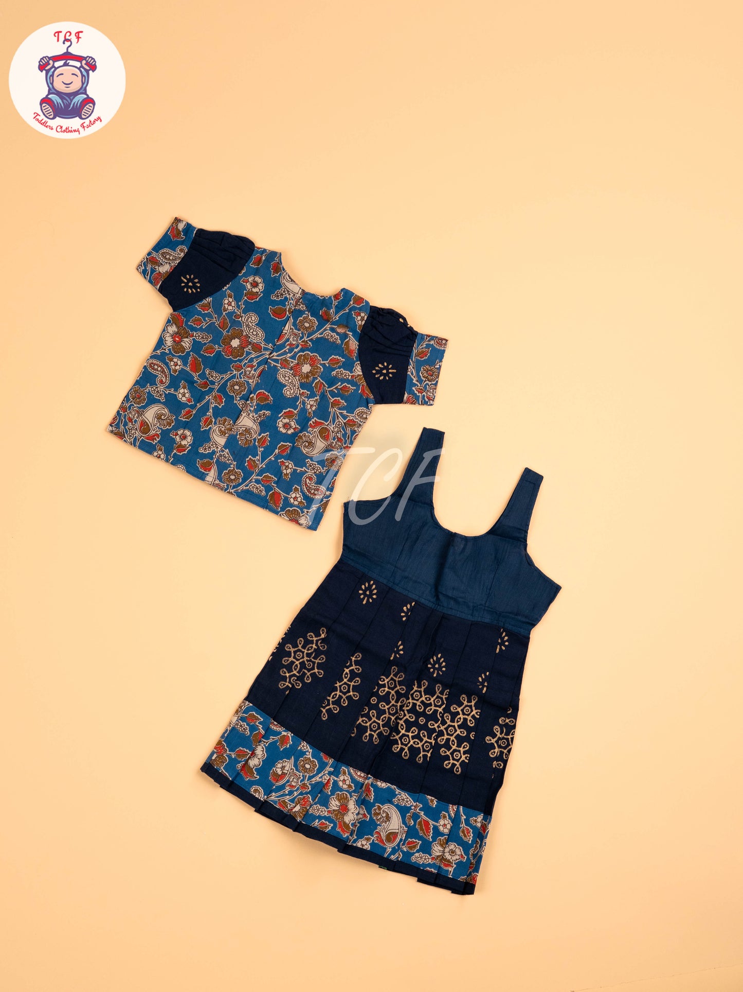 Blue - Floral Printed Kalamkari Pavadai Sattai