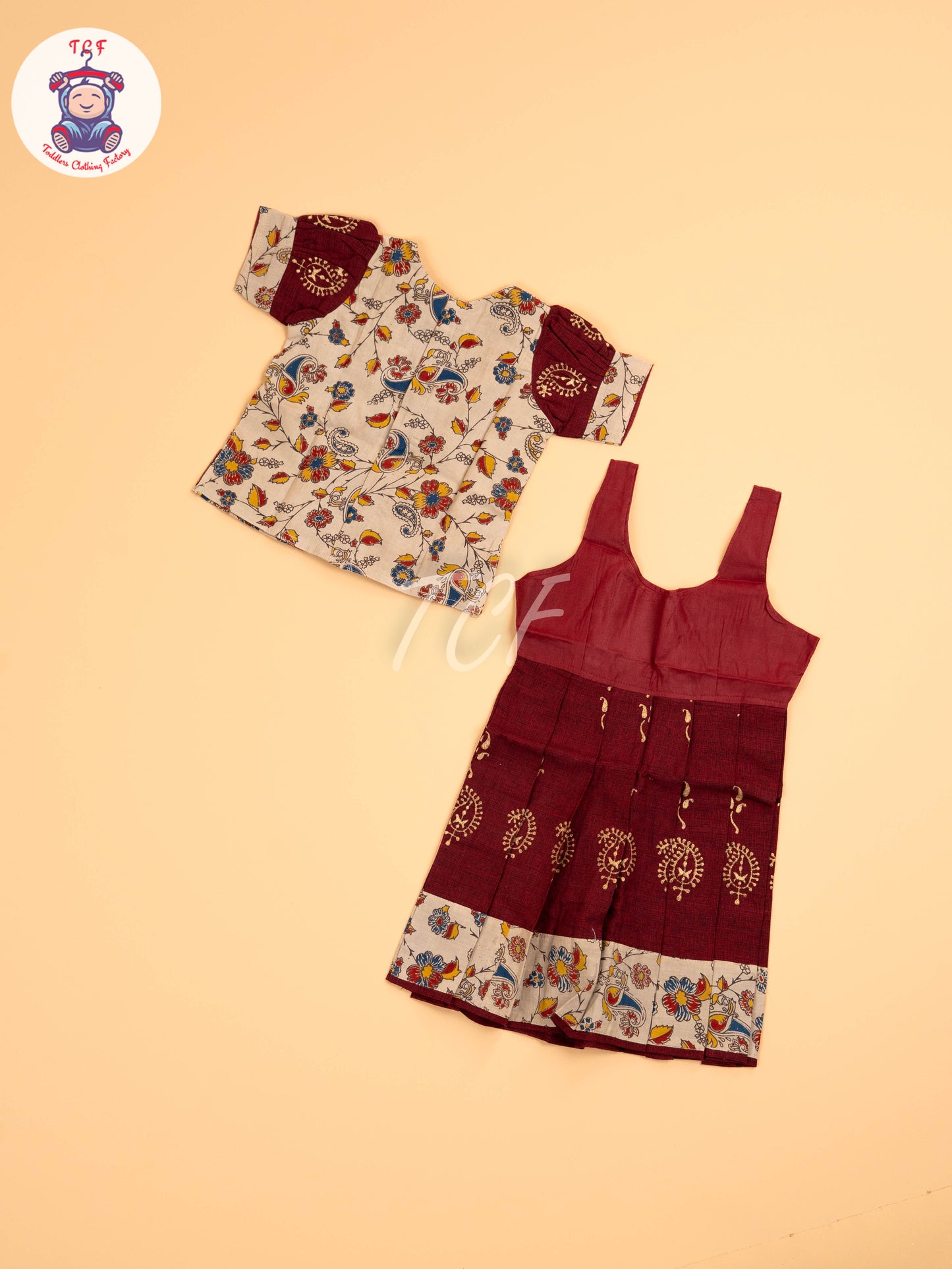 Cream & Maroon - Floral Printed Kalamkari Pavadai Sattai