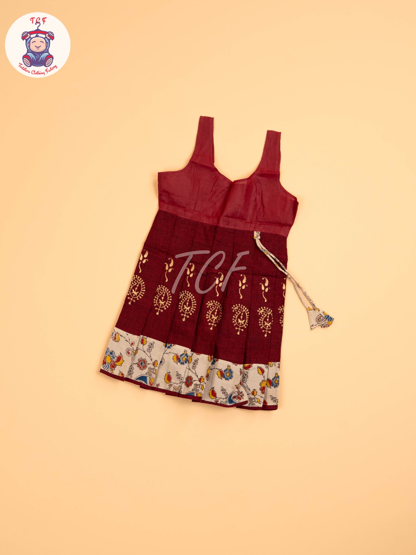 Cream & Maroon - Floral Printed Kalamkari Pavadai Sattai