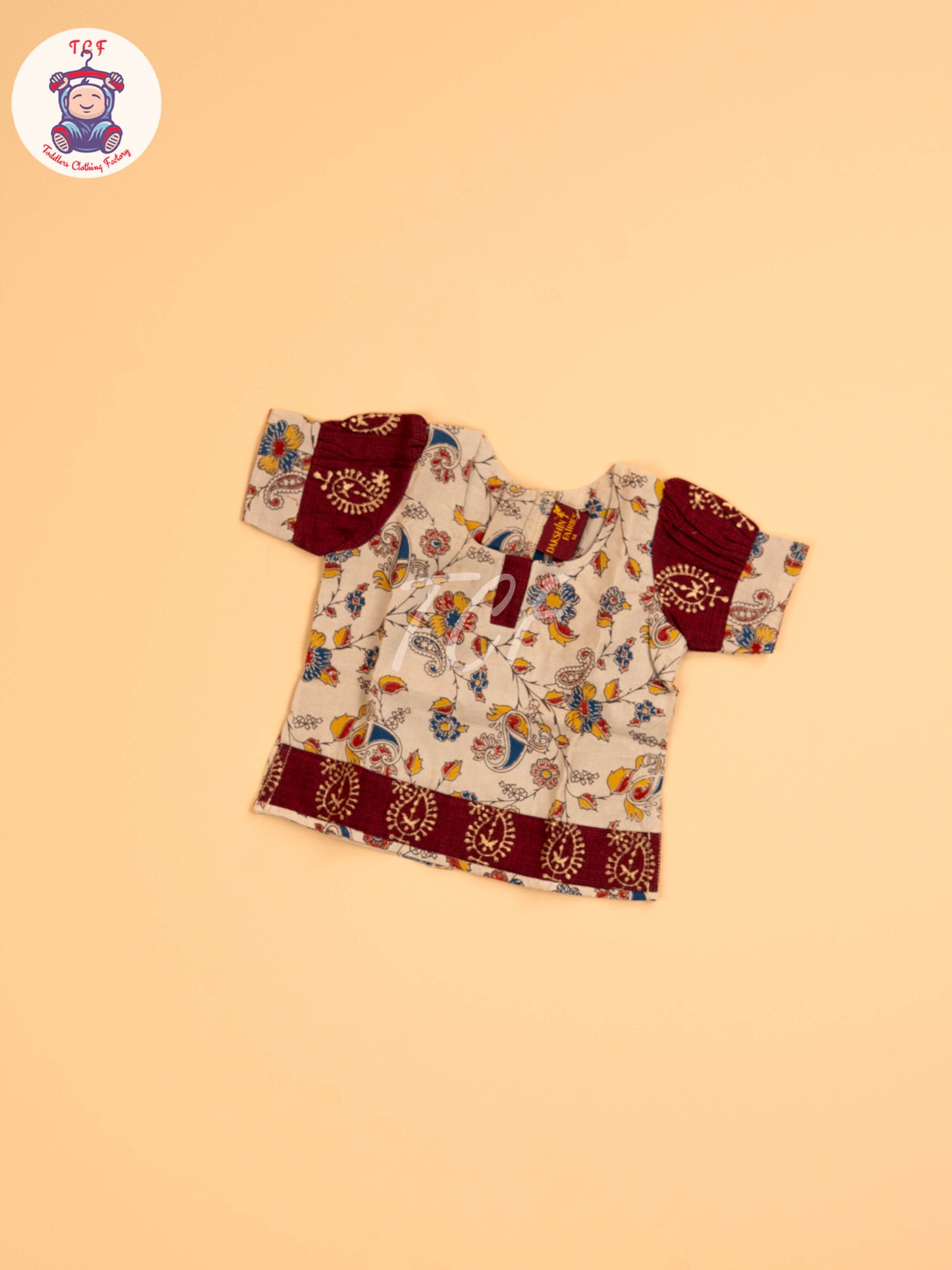 Cream & Maroon - Floral Printed Kalamkari Pavadai Sattai