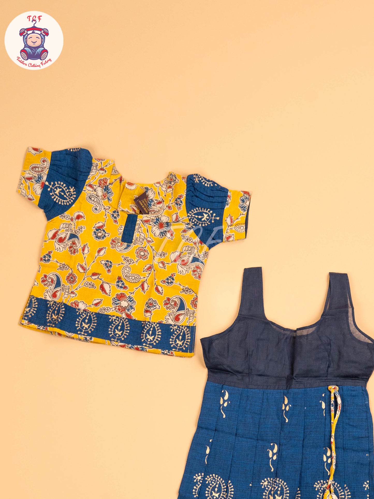 Mustard & Blue - Floral Printed Kalamkari Pavadai Sattai