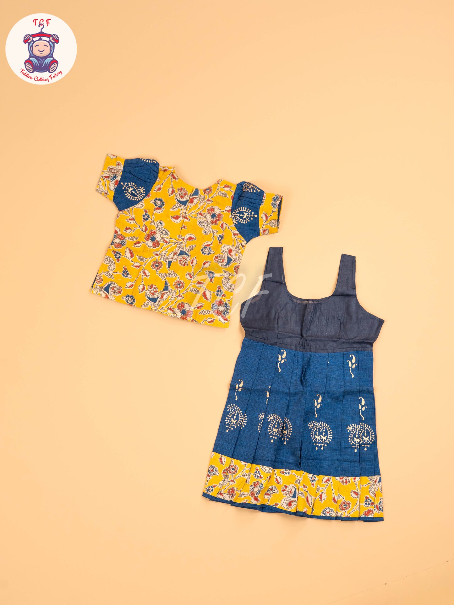 Mustard & Blue - Floral Printed Kalamkari Pavadai Sattai