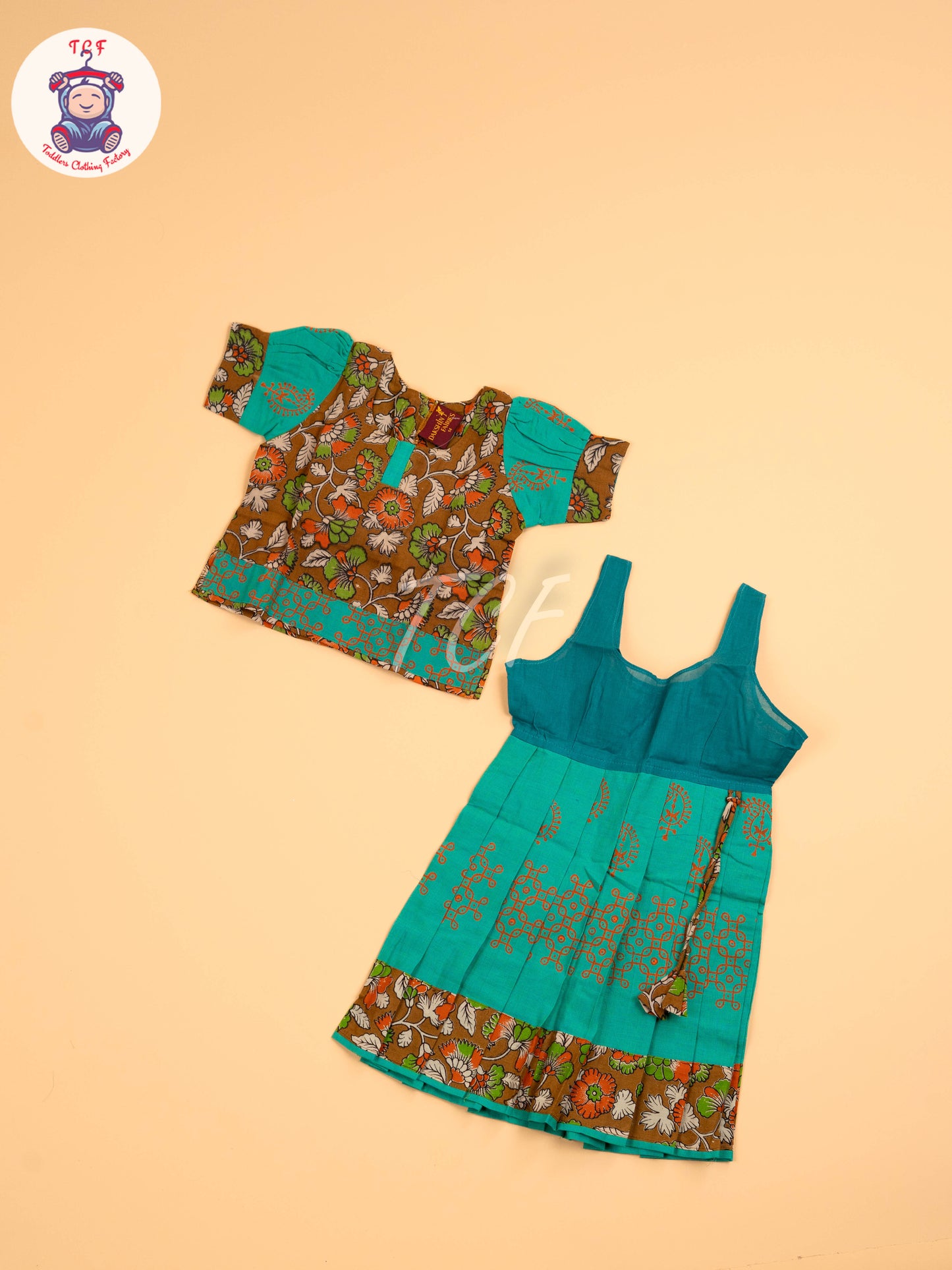 Brown & Green - Floral Printed Kalamkari Pavadai Sattai