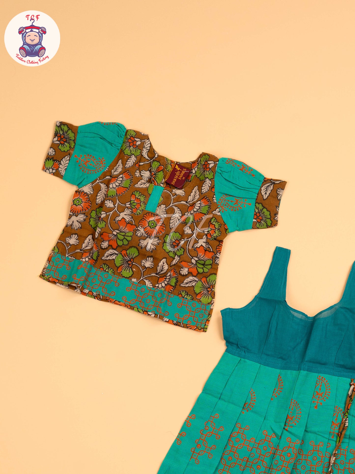 Brown & Green - Floral Printed Kalamkari Pavadai Sattai