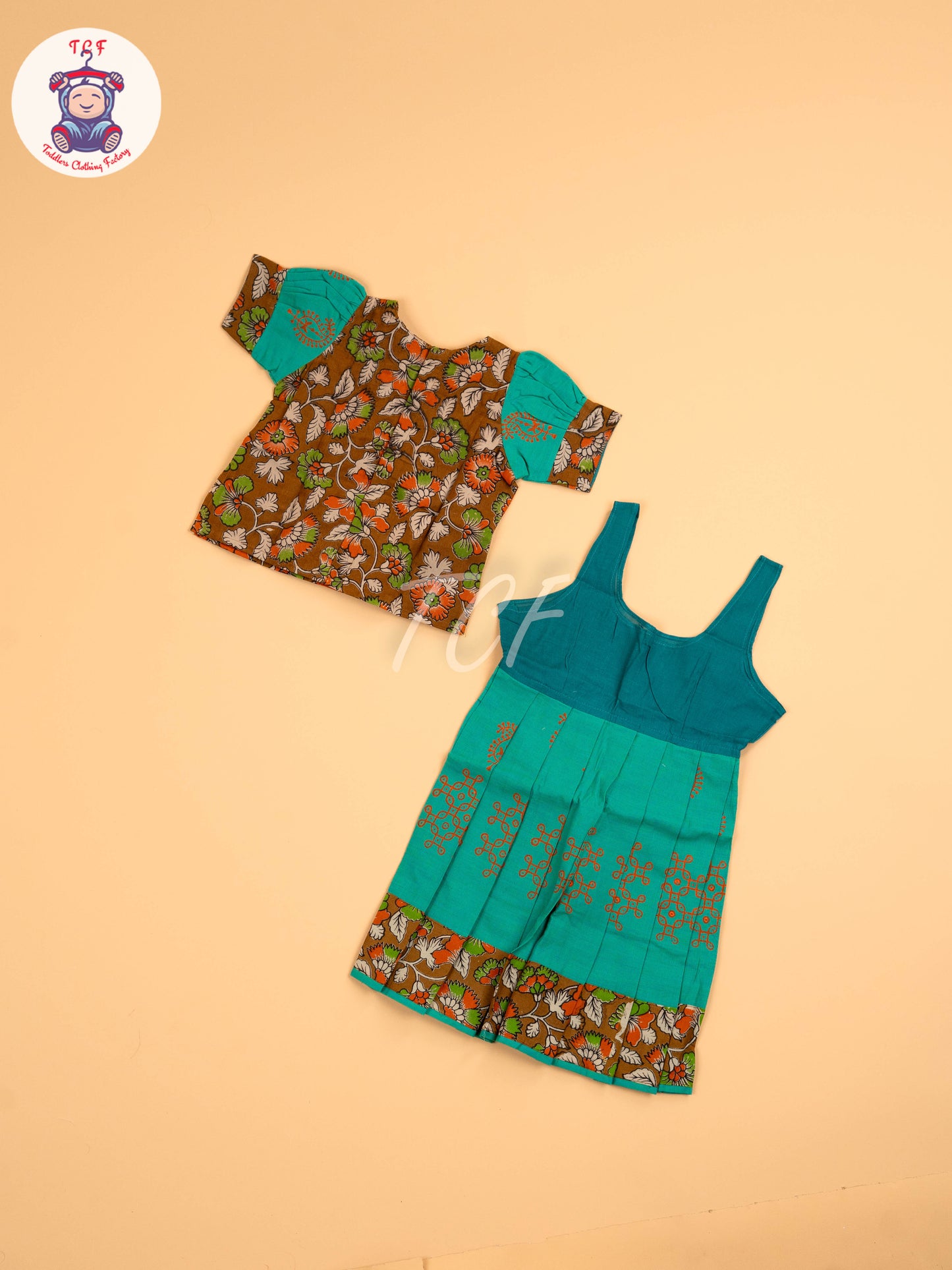 Brown & Green - Floral Printed Kalamkari Pavadai Sattai