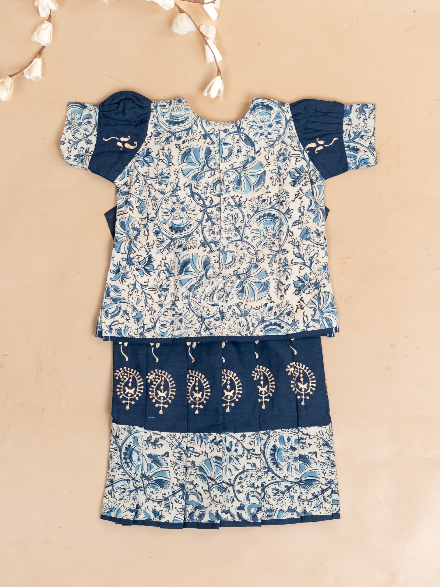 Cream & Navy Blue Kalamkari Printed - Girls Readymade Cotton Pavadai Sattai