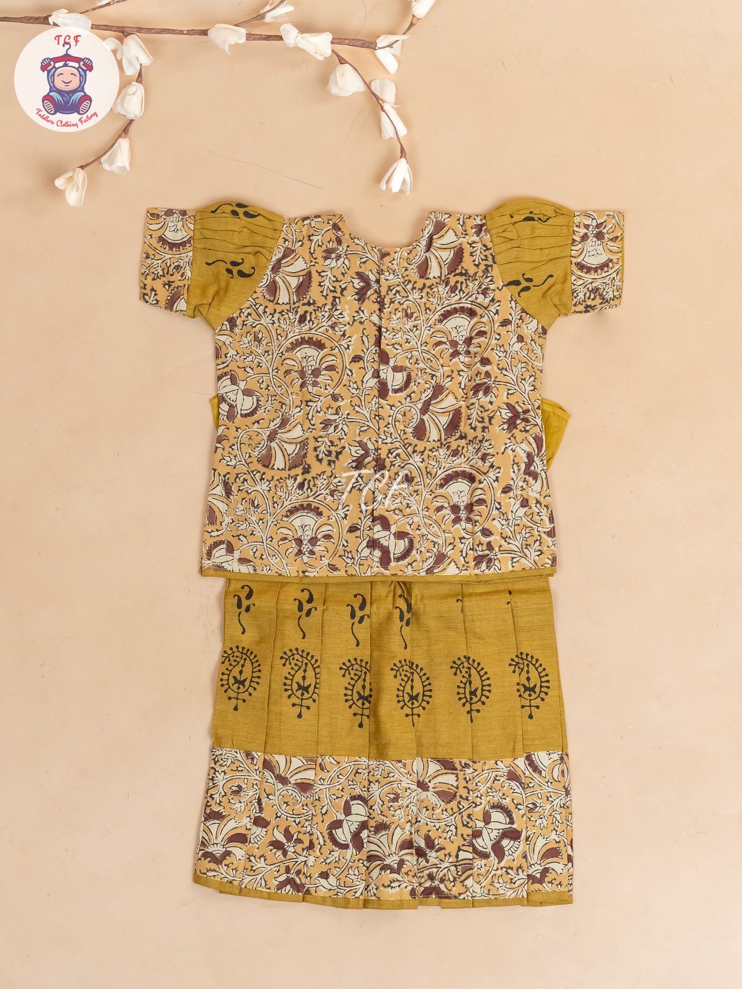 Mustard & Brown Kalamkari Printed - Girls Readymade Cotton Pavadai Sattai